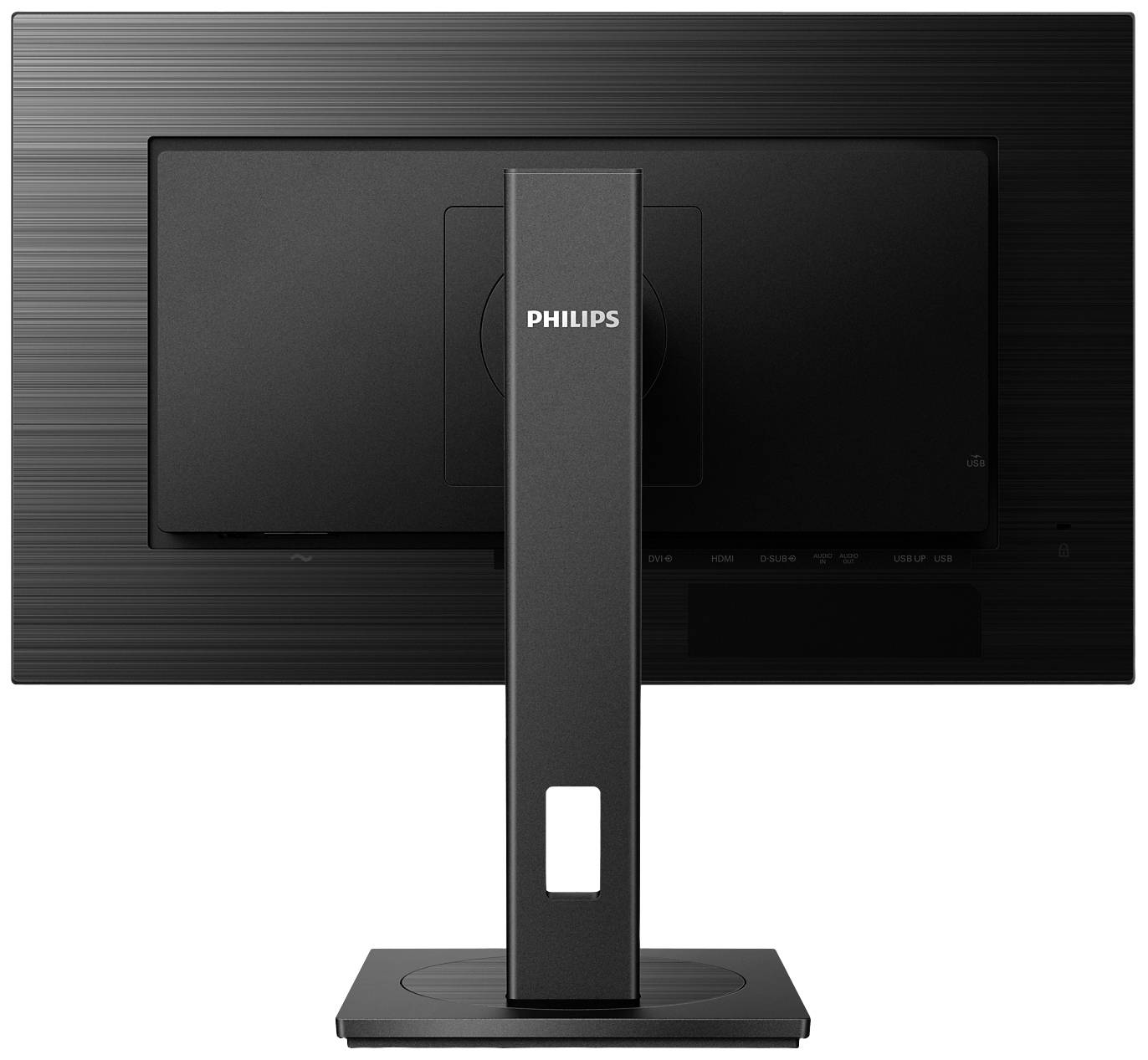 Rückansicht eines schwarzen Philips Computer-Monitors auf einem Standfuß, schlichtes Design, keine sichtbaren Anschlüsse oder Kabel.