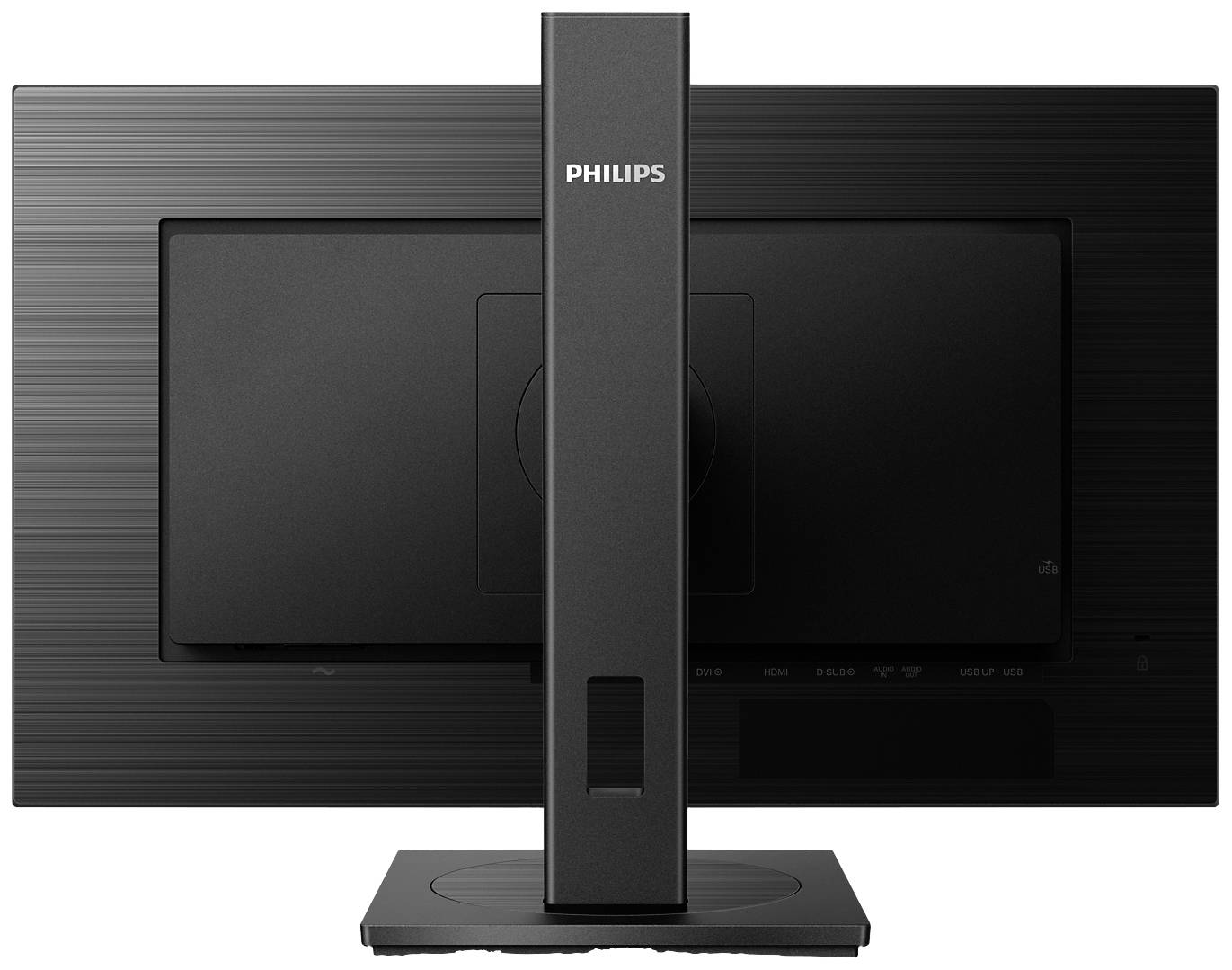Ein schwarzer Philips-Monitor von hinten, zeigt die zentrale Standfußbefestigung und das zurückhaltende Design mit horizontalen Linien.