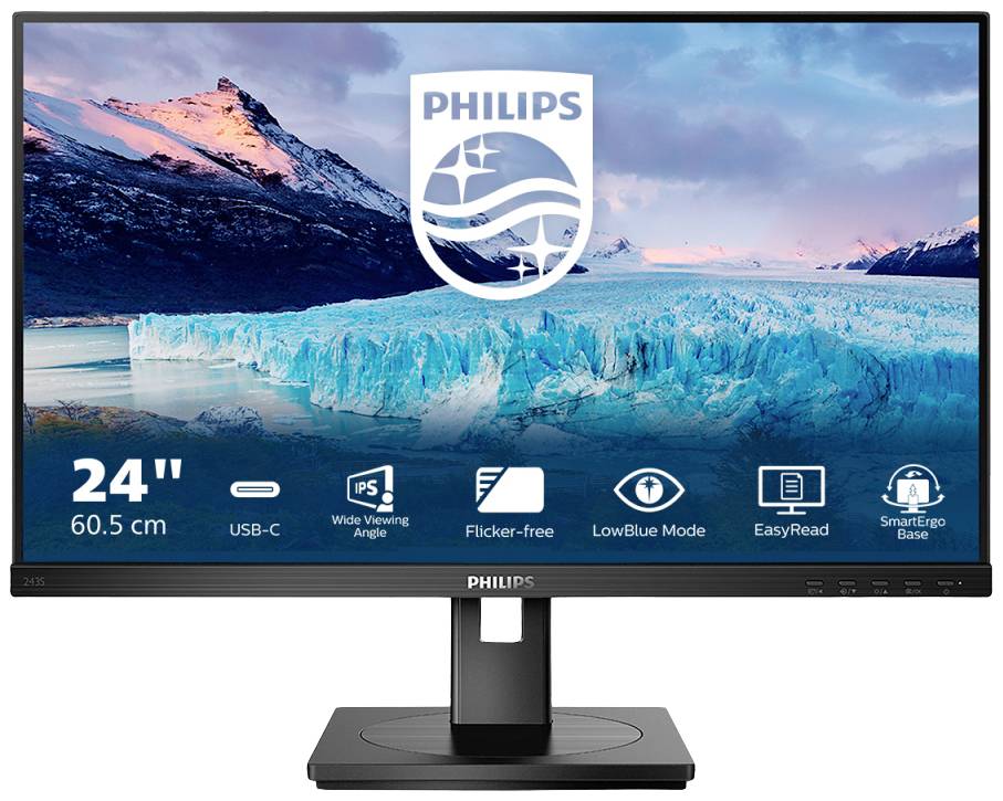 Ein Philips-Monitor mit 24 Zoll Bildschirm, zeigt Eisberge und Berge im Hintergrund. Features unten: USB-C, Augenfreundlichkeit.