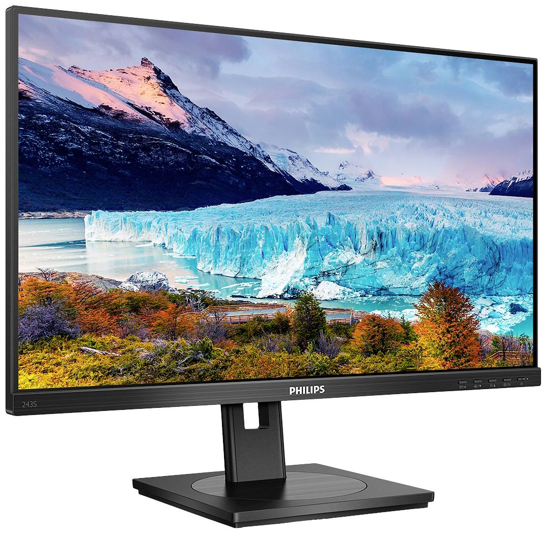 Ein PC-Monitor von Philips zeigt ein lebhaftes Landschaftsbild mit schneebedeckten Bergen, einem Gletscher und herbstlichen Bäumen im Vordergrund.