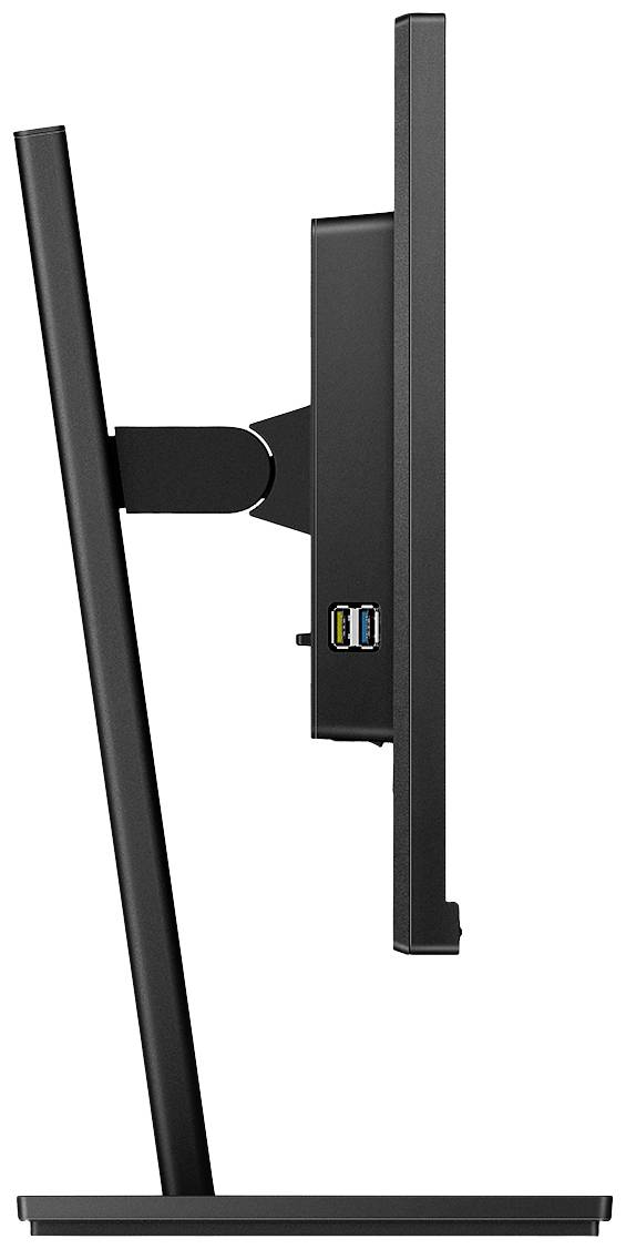 Ein schwarzer Computermonitor seitlich gezeigt; dünnes Design auf rechteckigem Standfuß. Zwei USB-Anschlüsse an der Rückseite sichtbar.