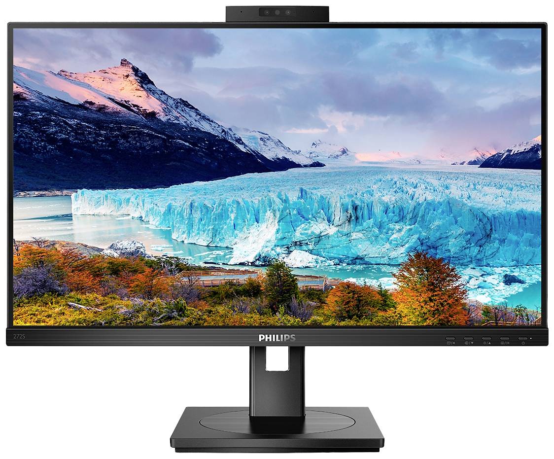 Ein Computerbildschirm zeigt eine atemberaubende Landschaft mit schneebedeckten Bergen und einem blauen Gletscher im Abendlicht.