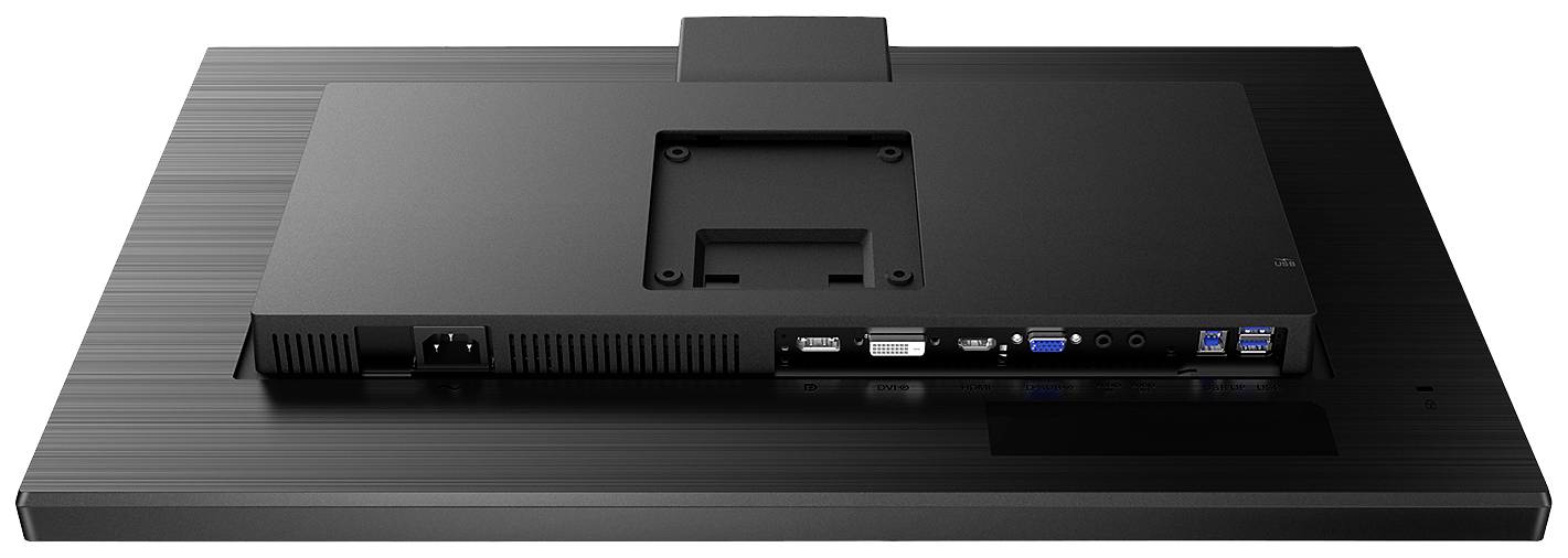 Rückseite eines Computermonitors mit mehreren Anschlüssen, darunter HDMI, VGA, USB und Audio. Ideal für vielseitige Konnektivität.