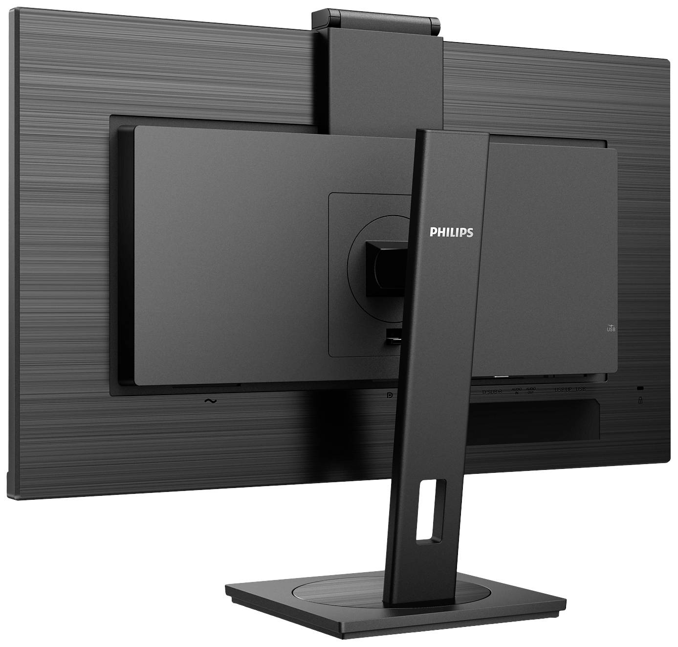 Rückansicht eines Monitors der Marke Philips mit verstellbarem Standfuß und schlankem Design; Fokus auf Ergonomie und Stil.
