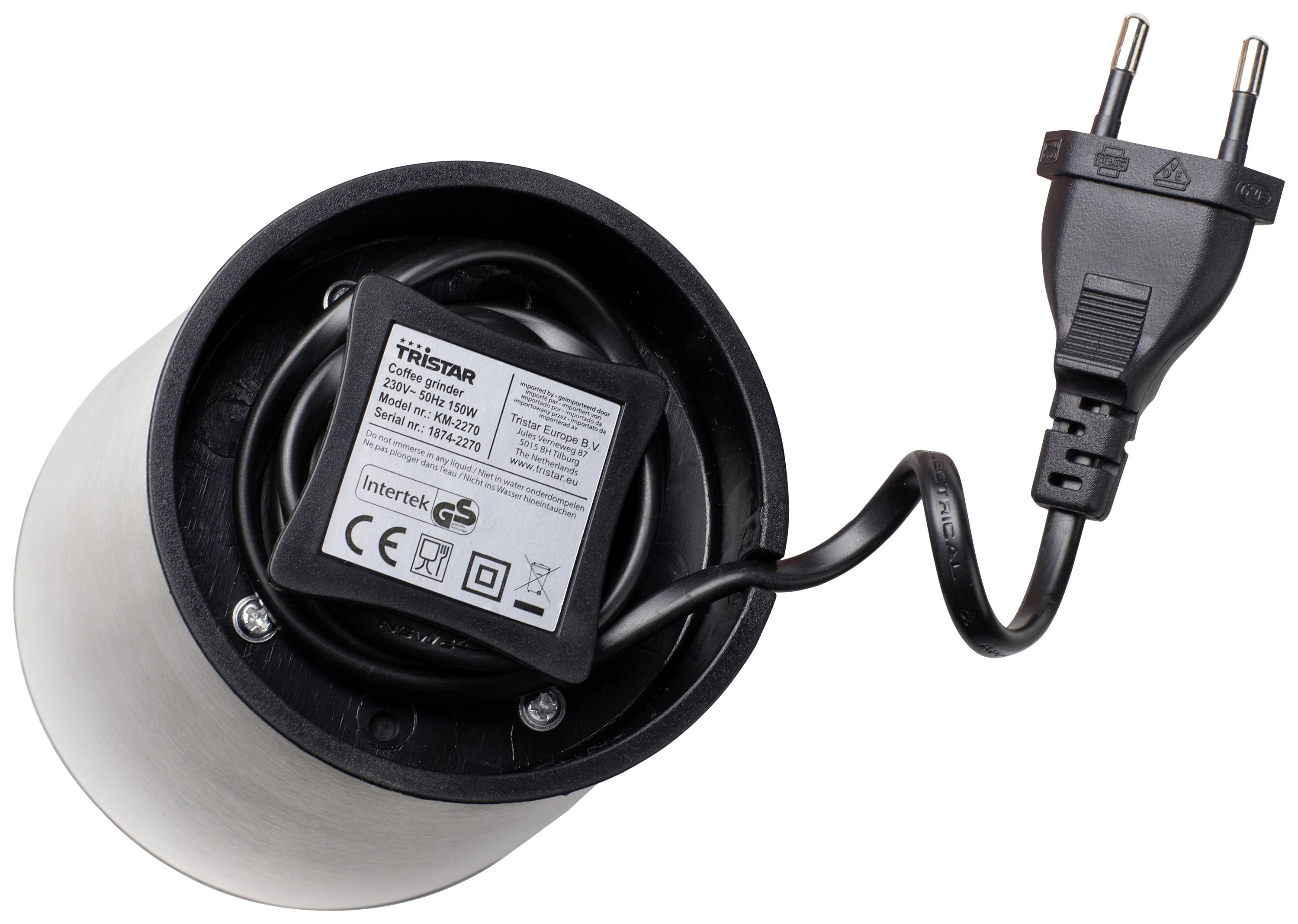 Ein zylinderförmiger elektrischer Netzadapter mit EU-Stecker, zeigt technische Spezifikationen und Zertifizierungslogos auf der Unterseite.