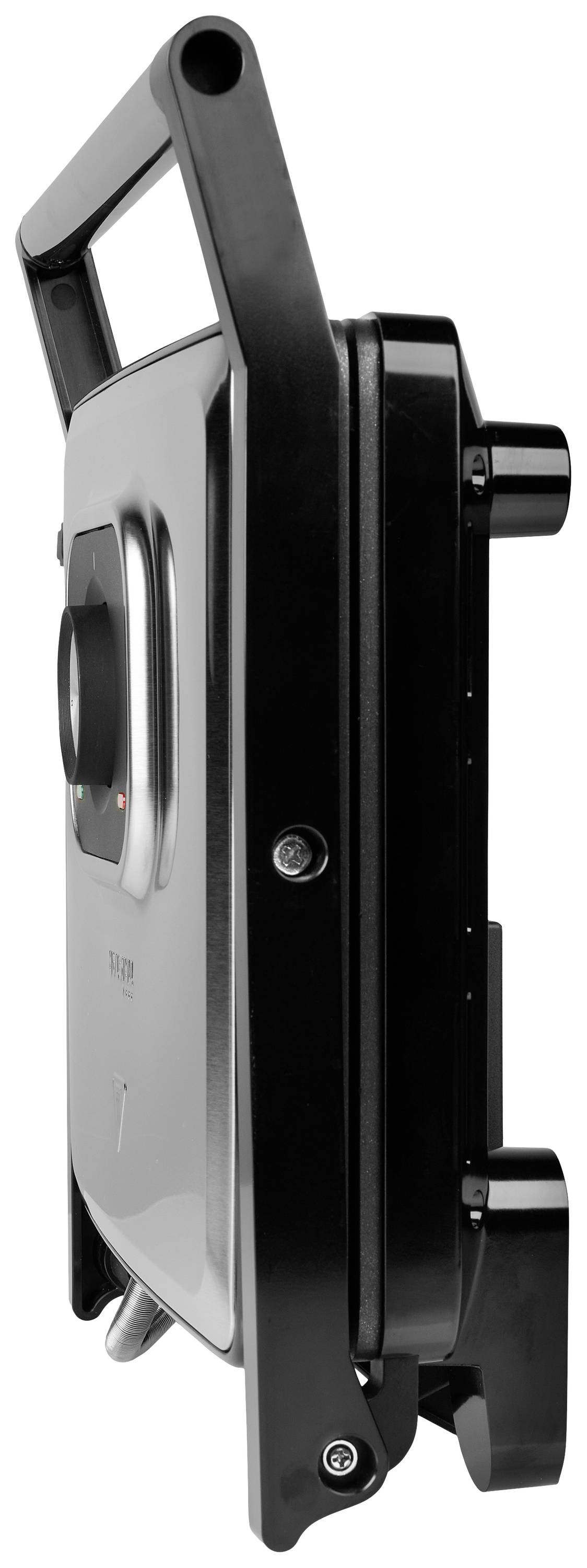 Elektrischer Kontaktgrill in Seitenansicht, schwarz, Griff oben, Bedienknopf seitlich sichtbar.