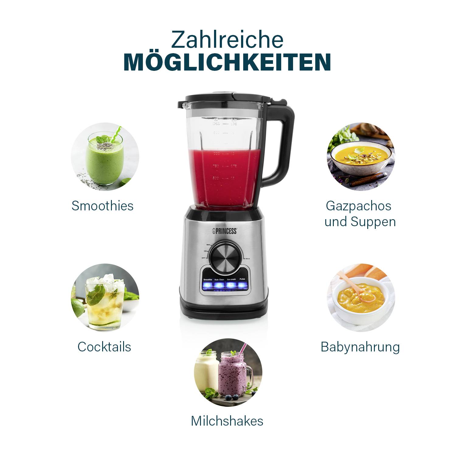 Ein Standmixer mit rotem Inhalt in der Mitte. Um ihn herum Abbildungen: Smoothies, Gazpachos und Suppen, Cocktails, Babynahrung, Milchshakes. Überschrift: 'Zahlreiche MÖGLICHKEITEN'.