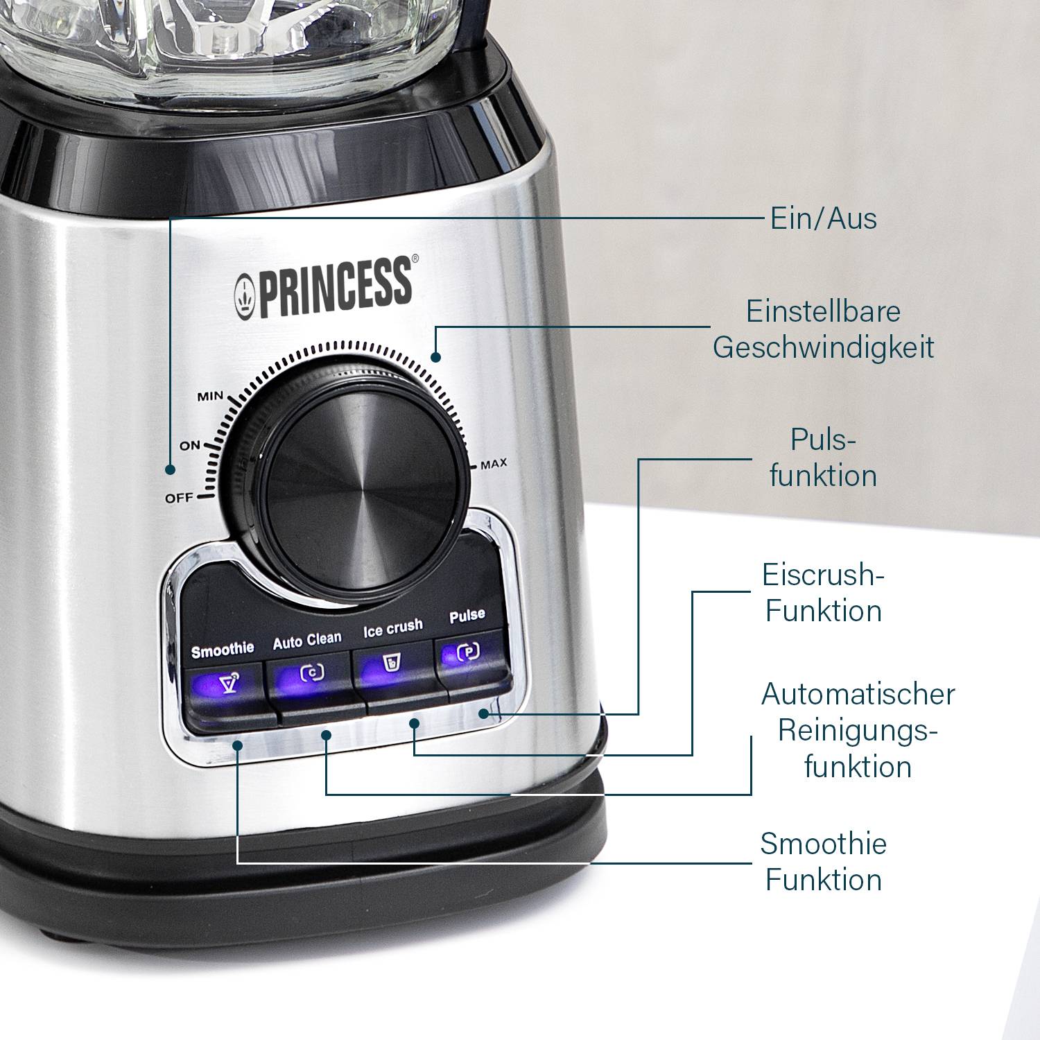 Ein Mixer mit Drehknopf für Geschwindigkeitseinstellung, Pulse-Funktion, Tasten für Smoothie, Ice Crush, Auto-Reinigung, Smoothie-Funktion.