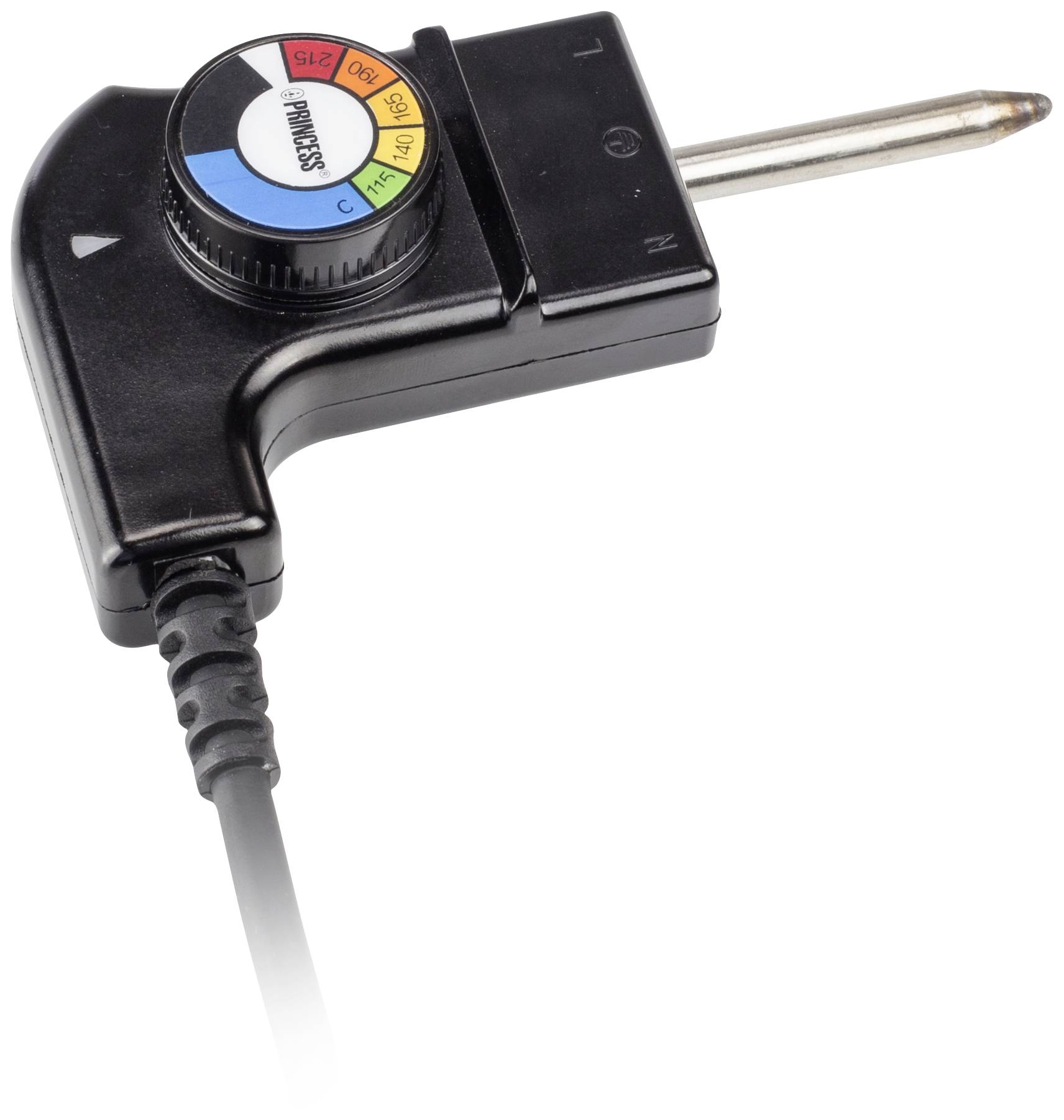 Ein Temperaturfühler mit einem Farbrad für verschiedene Temperatureinstellungen, verbunden mit einem Kabel.