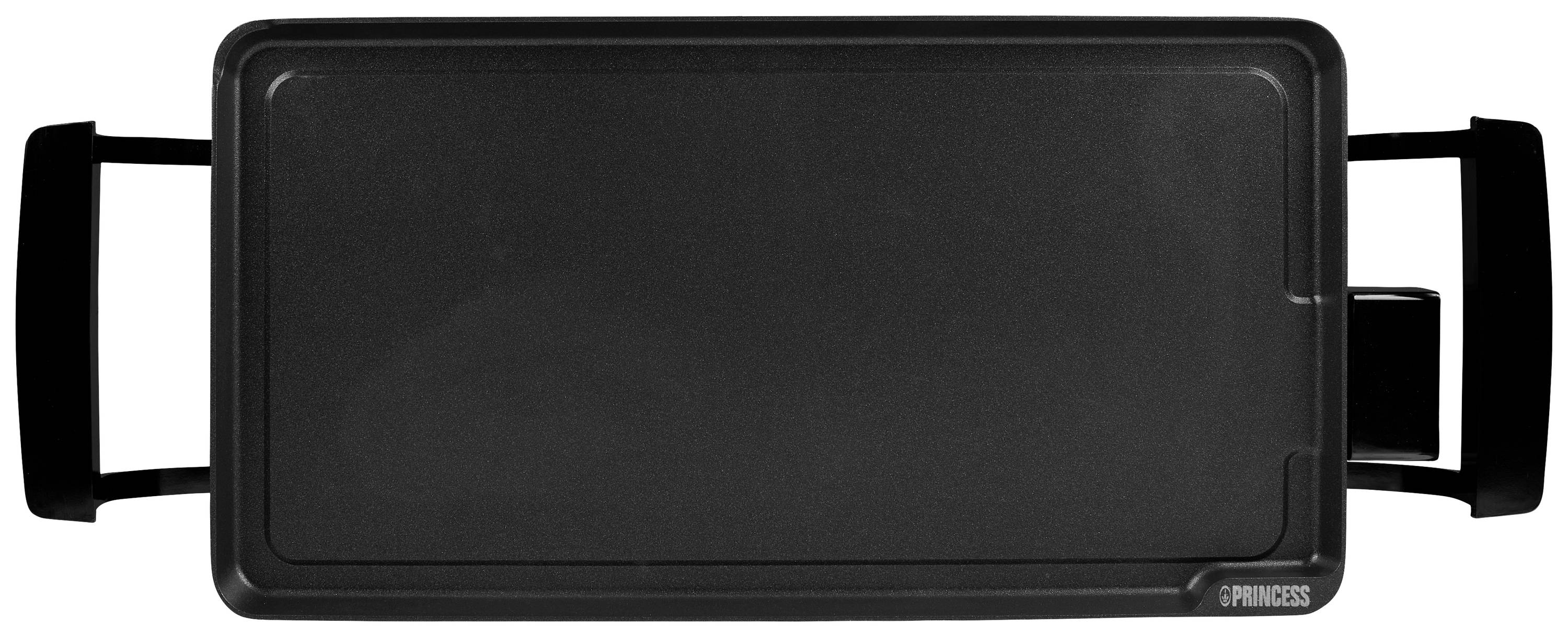 Ein rechteckiger, schwarzer Tischgrill mit zwei Griffen an den Seiten und einer markanten Oberfläche, geeignet für Innen- und Außengebrauch.