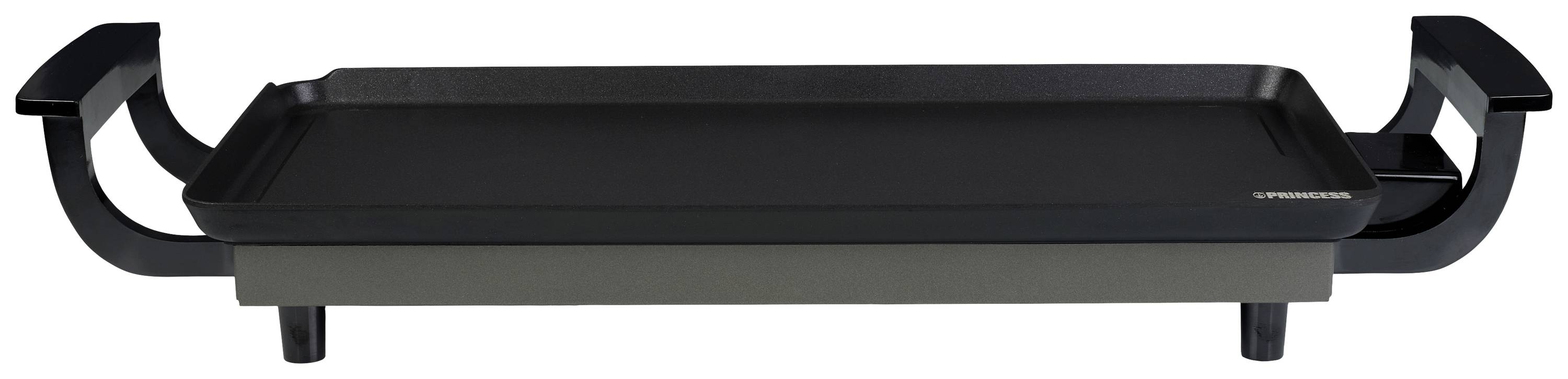 Elektrogrill mit schwarzer Grillplatte und zwei seitlichen Griffen, geeignet zum Zubereiten von Speisen im Innenbereich.