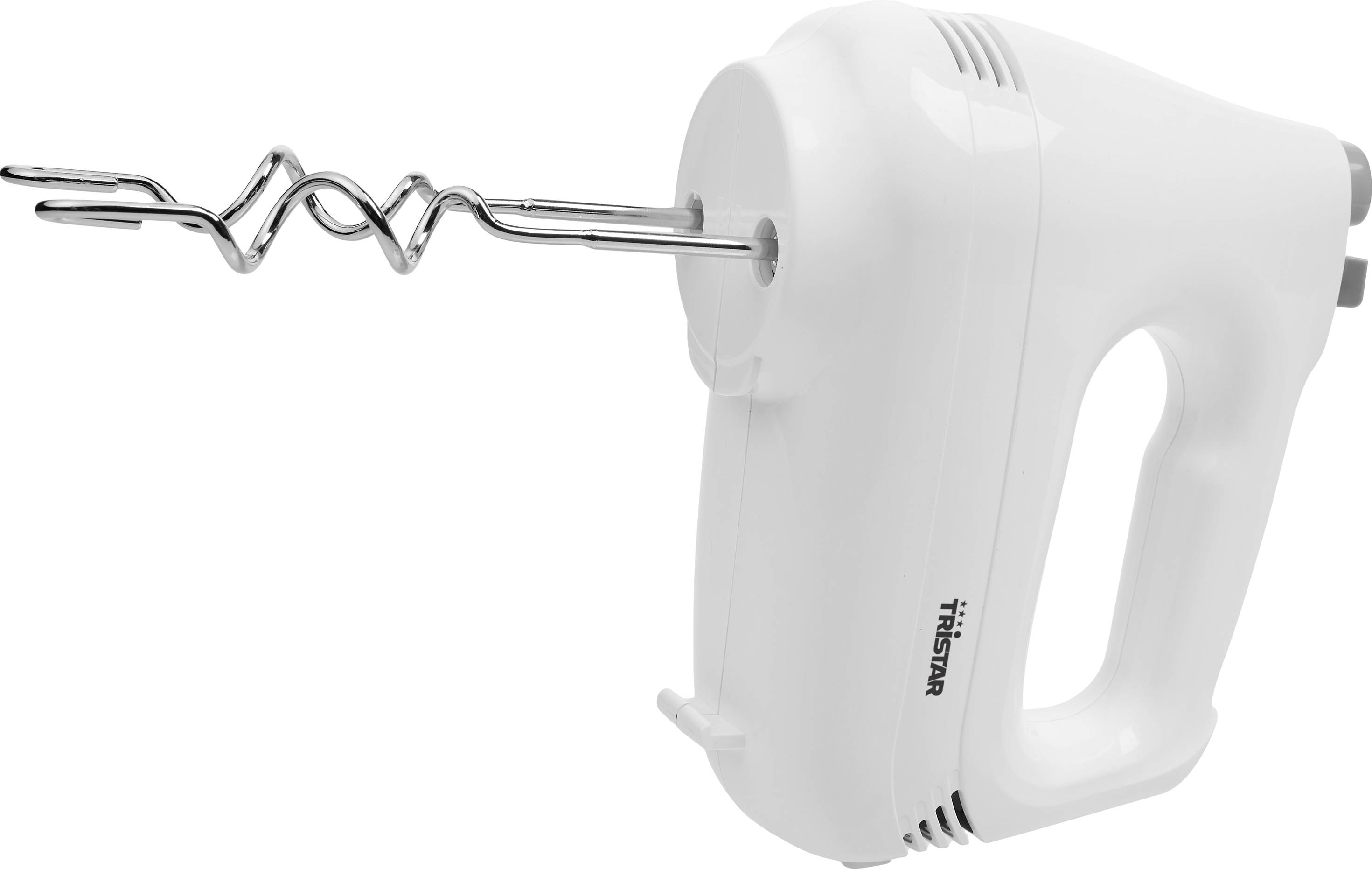 Ein weißer elektrischer Handmixer mit einem Metallquirlaufsatz, geeignet zum Mischen und Schlagen von Zutaten in der Küche.