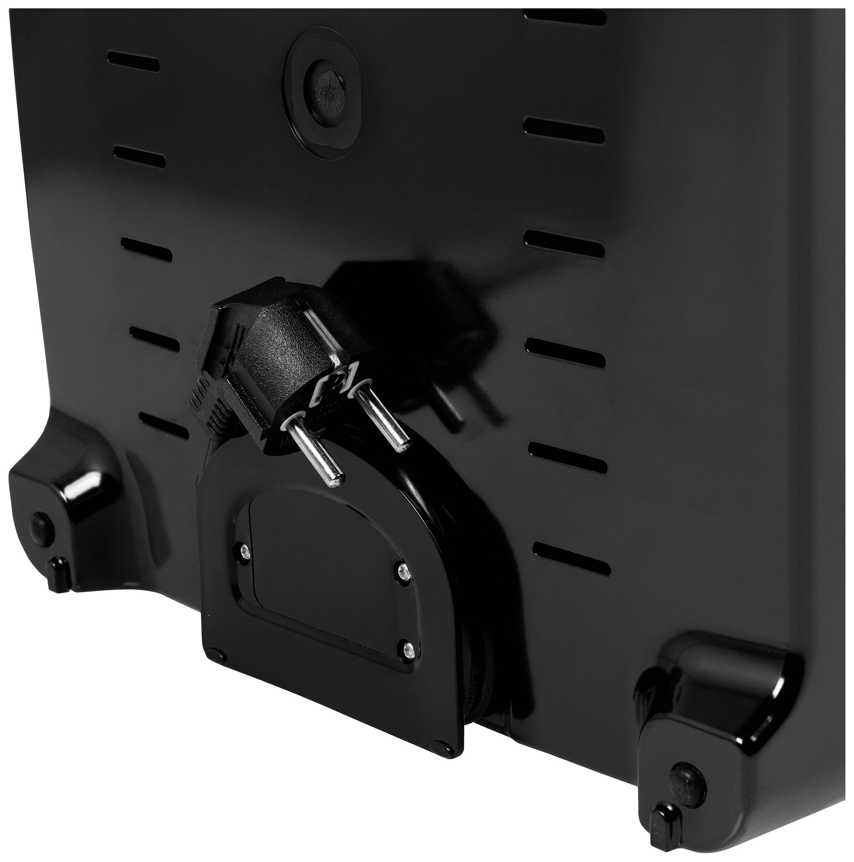 Ein schwarzes Gerät mit einem Steckerkabel auf der Rückseite. Das Kabel ist ordentlich aufgewickelt und bereit zum Einstecken.