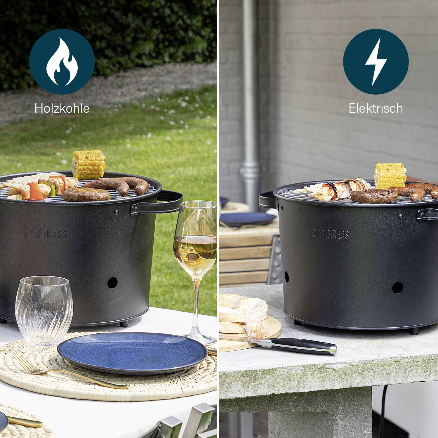 Princess 112240 Holzkohle, Elektro Grill Kontrollleuchte, stufenloser Temperaturregler Grill-Fläche (Durchmesser)=320mm Schwarz