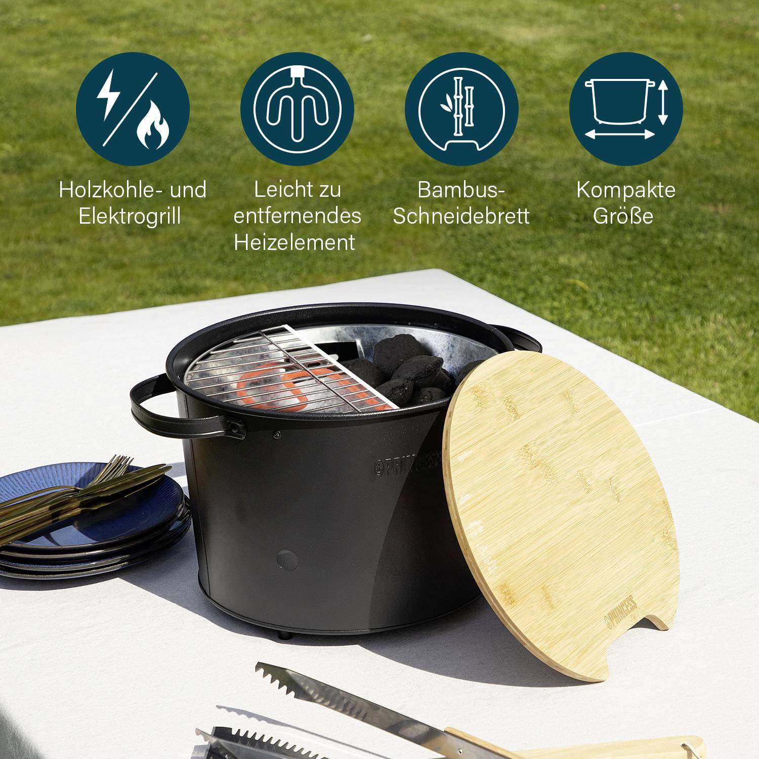 Princess 112240 Holzkohle, Elektro Grill Kontrollleuchte, stufenloser Temperaturregler Grill-Fläche (Durchmesser)=320mm Schwarz