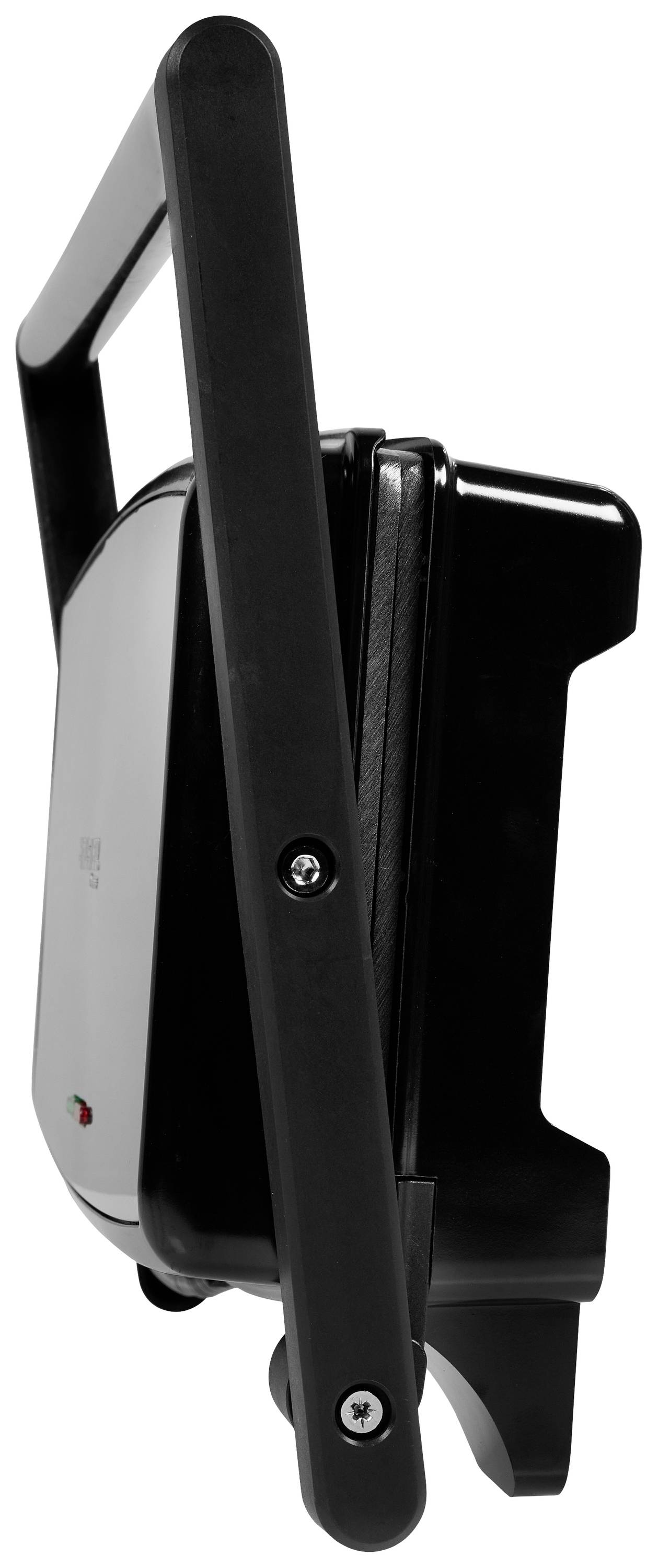 Schwarzer und silberner Kontaktgrill in Seitenansicht, geschlossen, mit robustem Griff zum Öffnen und Schließen der Grillplatten.