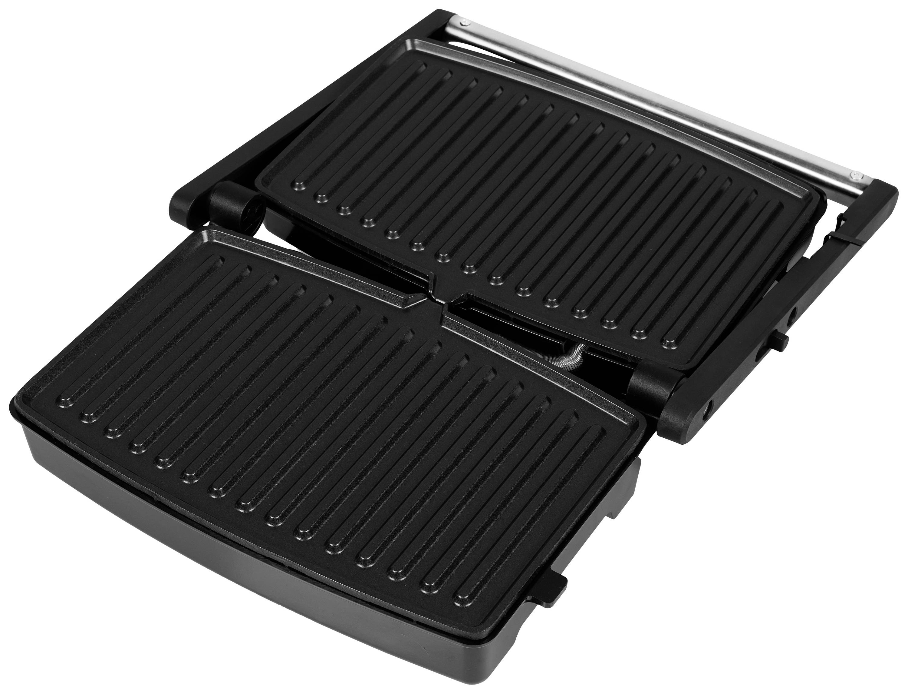 Ein offener Kontaktgrill mit gerippten Grillplatten, geeignet für beidseitiges Grillen von Sandwiches oder Fleisch.