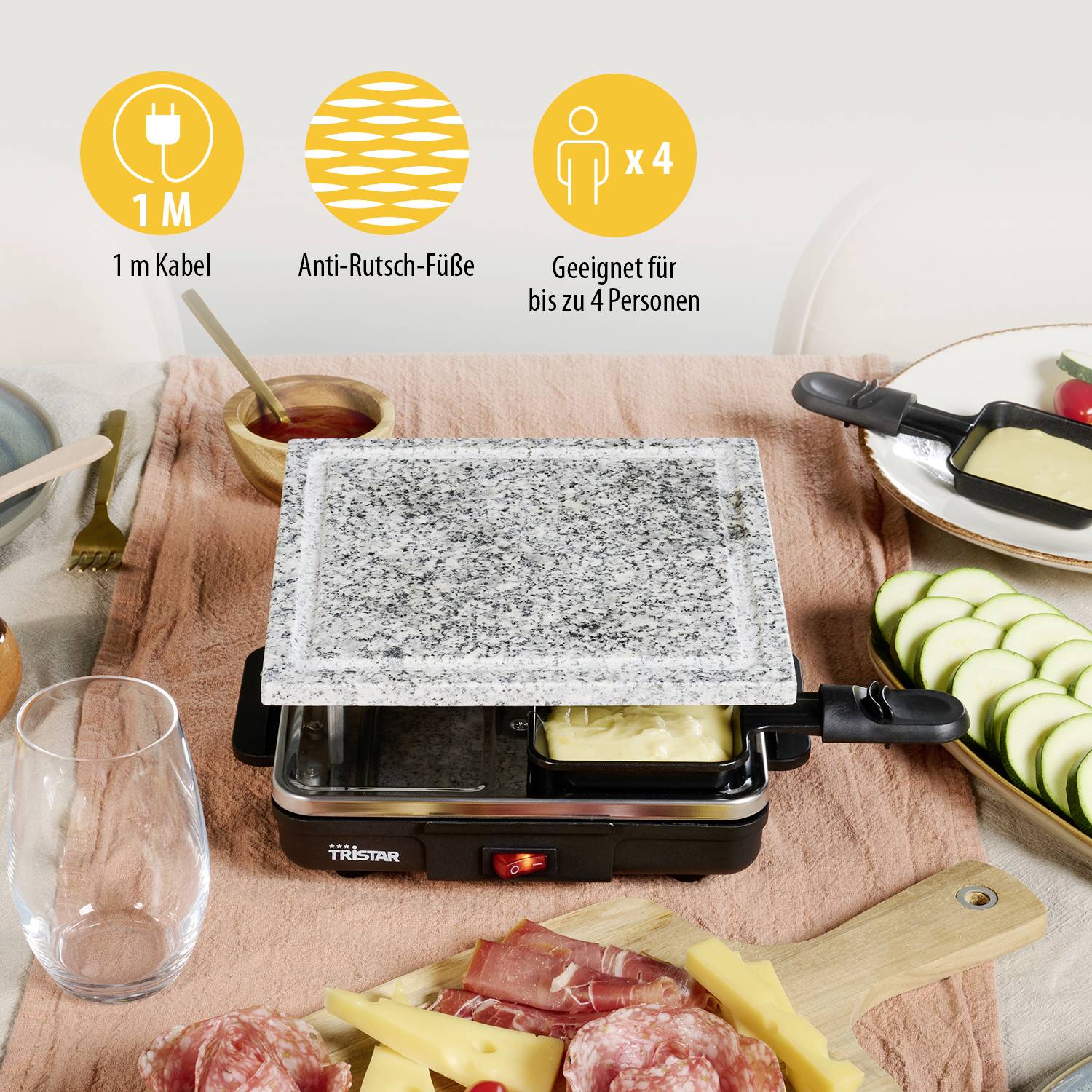 Tristar RA-2745 Raclette Antihaftbeschichtung, Kontrollleuchte, 4 Pfännchen, mit Grillstein Schwarz