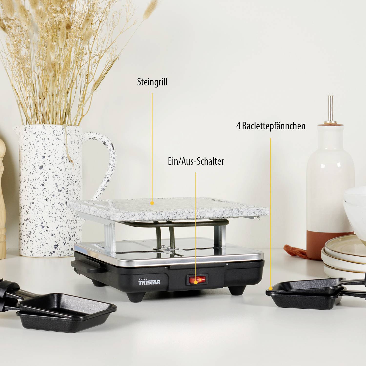 Tristar RA-2745 Raclette Antihaftbeschichtung, Kontrollleuchte, 4 Pfännchen, mit Grillstein Schwarz