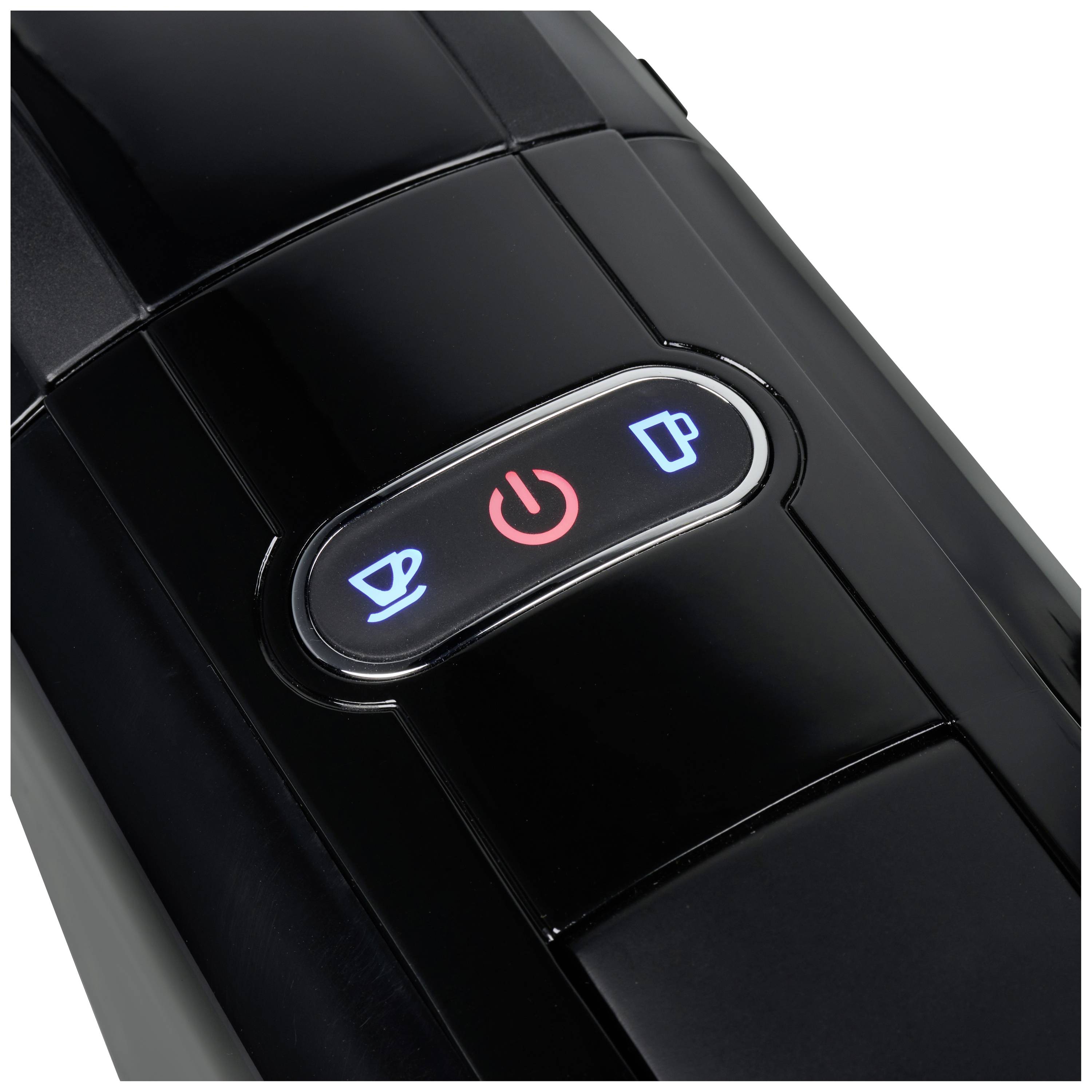 Schwarze Kaffeemaschinenoberfläche mit drei Symbolen: roter Einschaltknopf, blaues Tassensymbol, blaues Bechersymbol.