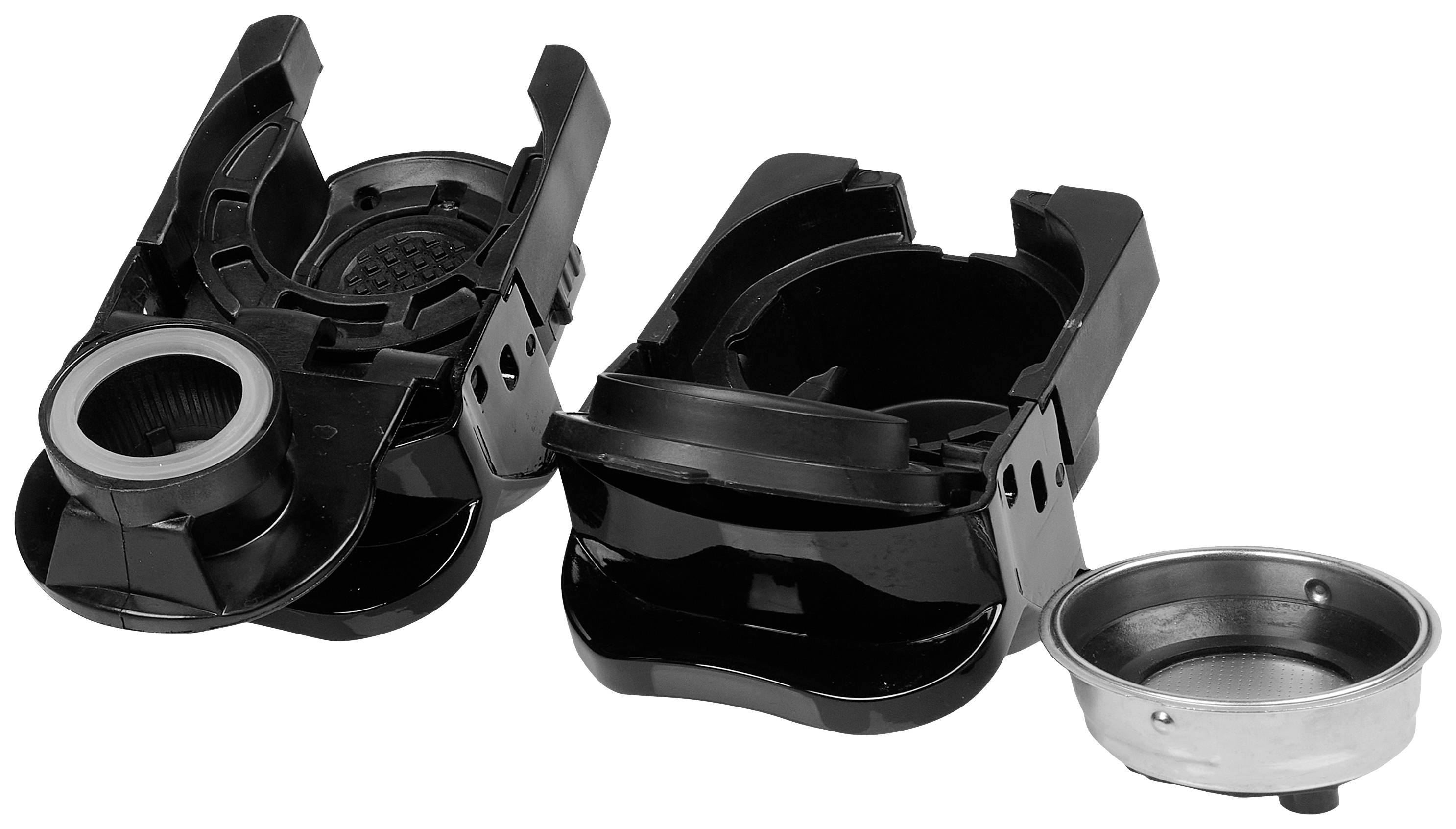 Zwei schwarze Kunststoffteile und ein kleines rundes Metallsieb, vermutlich Teile einer Kaffeemaschine, nebeneinander angeordnet.