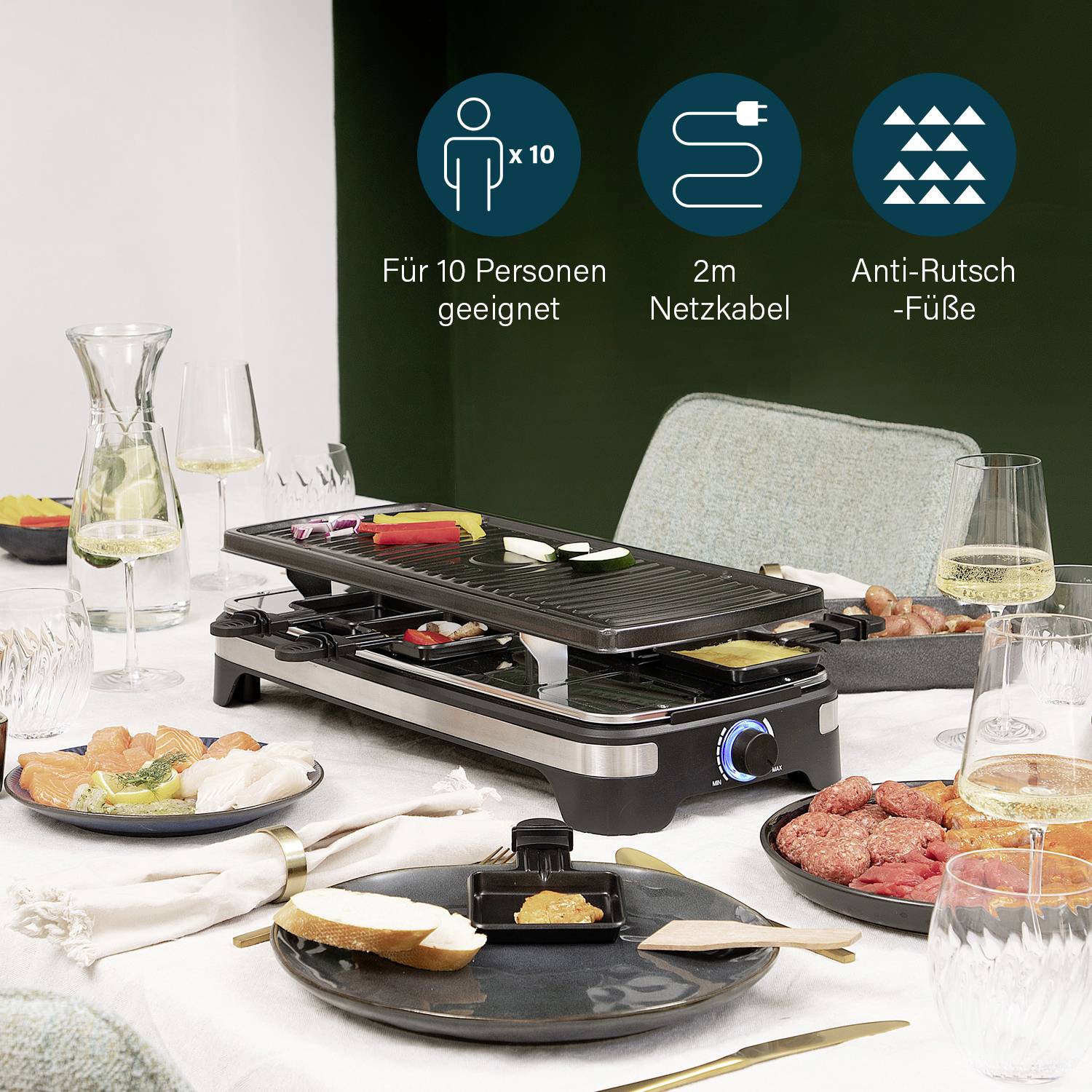 Princess 162650 Raclette 10 Pfännchen, Antihaftbeschichtung, Grillfunktion, kabelgebunden, Kontrollleuchte Schwarz