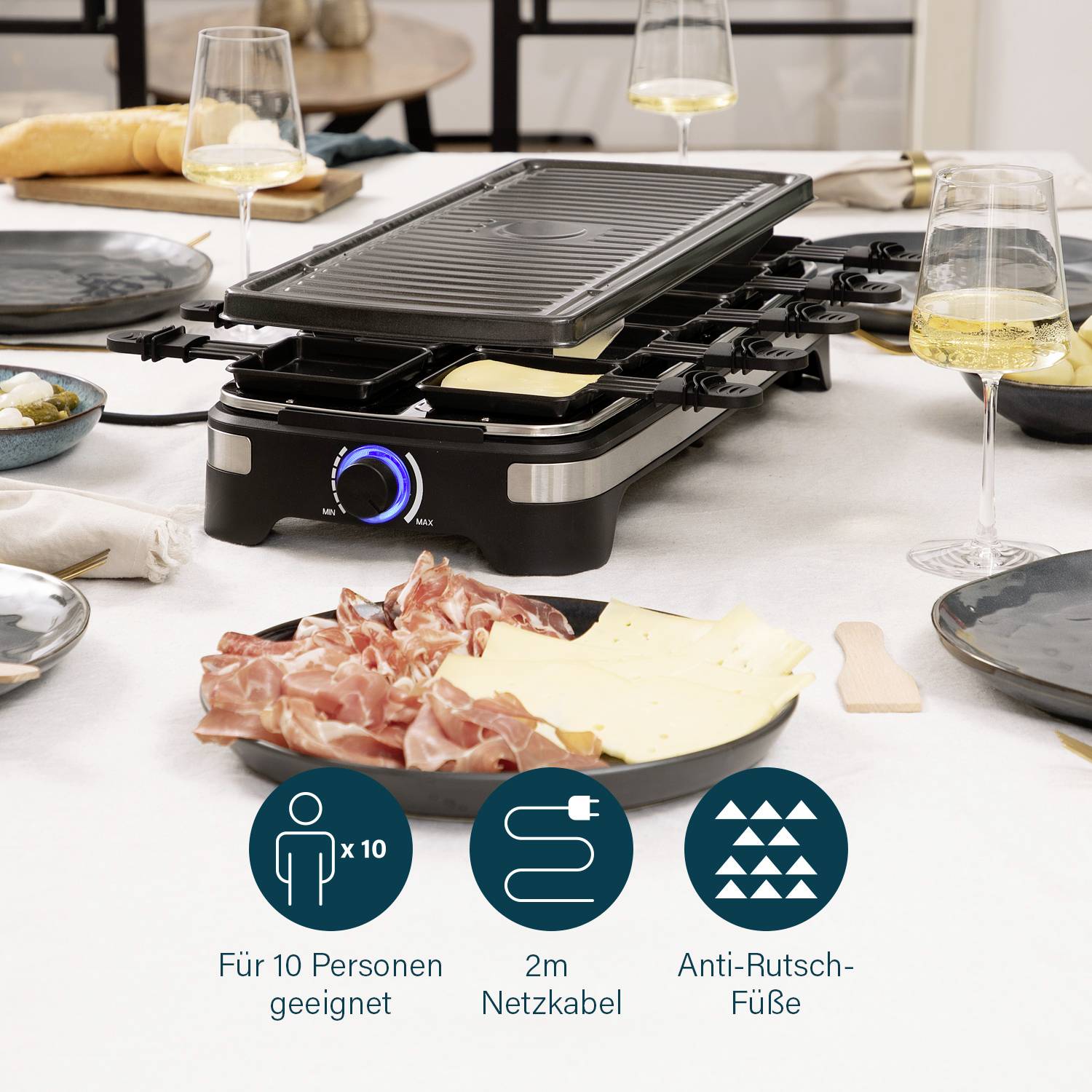 Princess 162650 Raclette 10 Pfännchen, Antihaftbeschichtung, Grillfunktion, kabelgebunden, Kontrollleuchte Schwarz