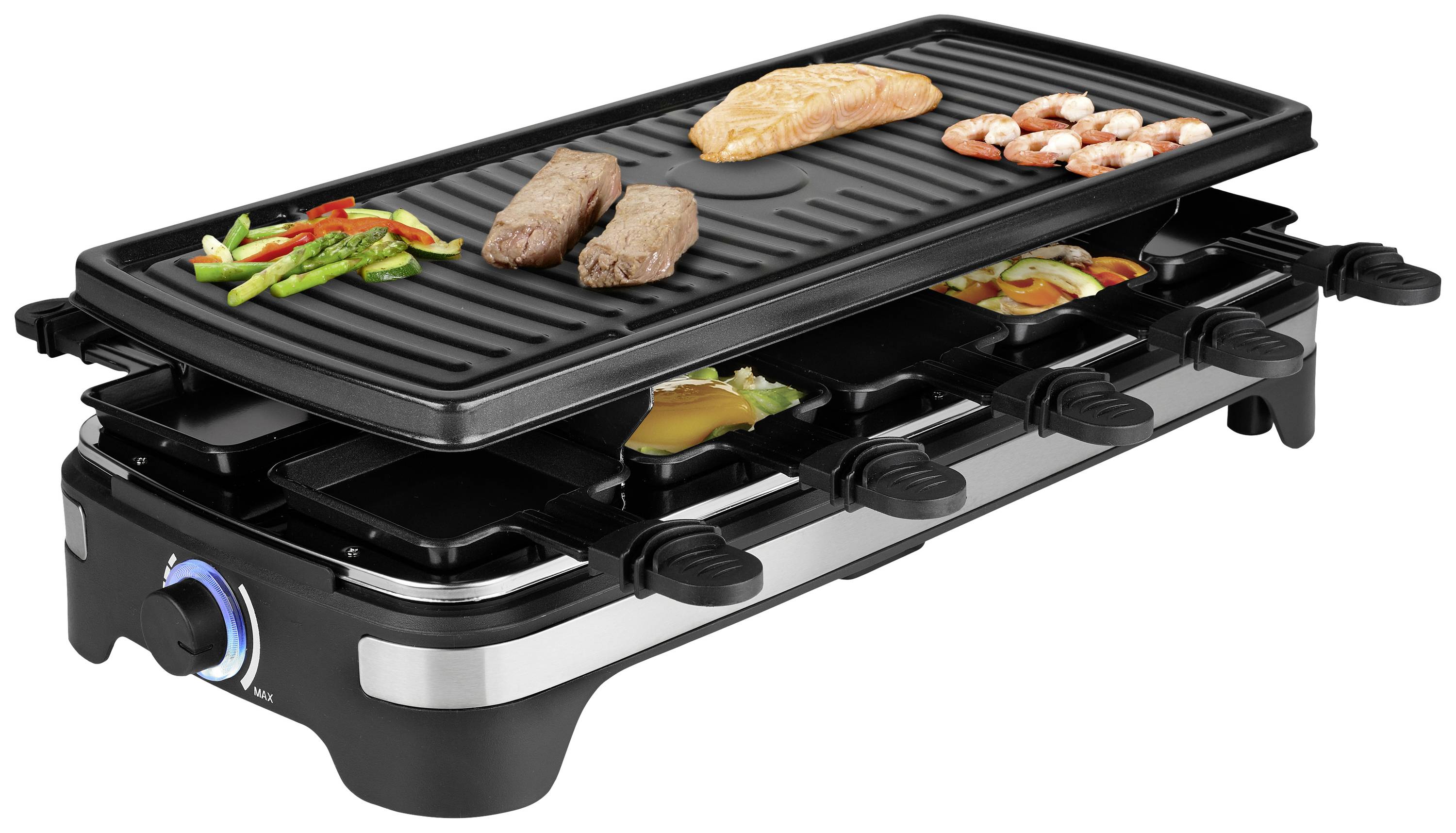 Princess 162650 Raclette 10 Pfännchen, Antihaftbeschichtung, Grillfunktion, kabelgebunden, Kontrollleuchte Schwarz