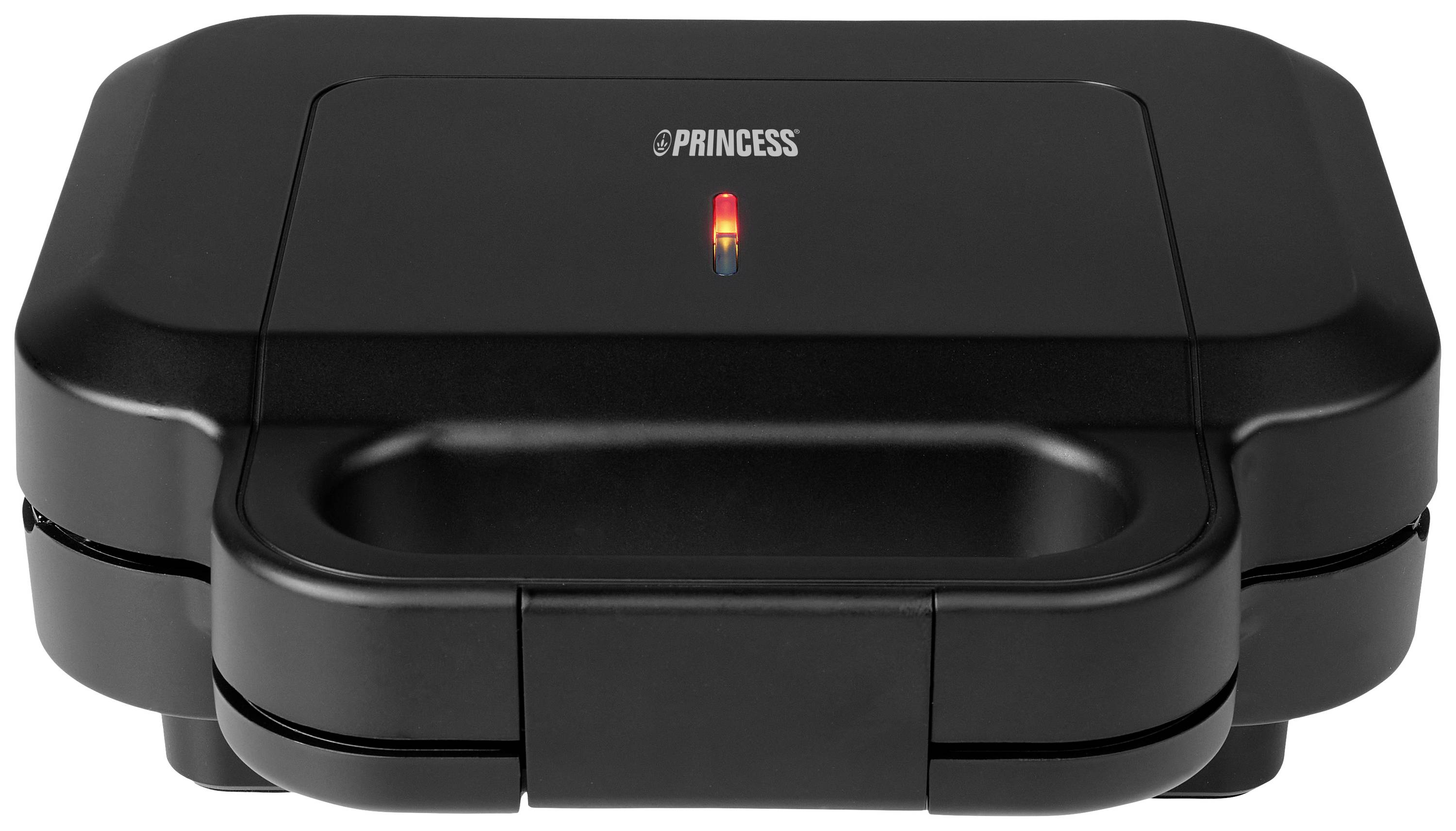 Schwarzer Sandwichmaker mit geschlossenem Deckel und leuchtender Betriebsanzeige oben.