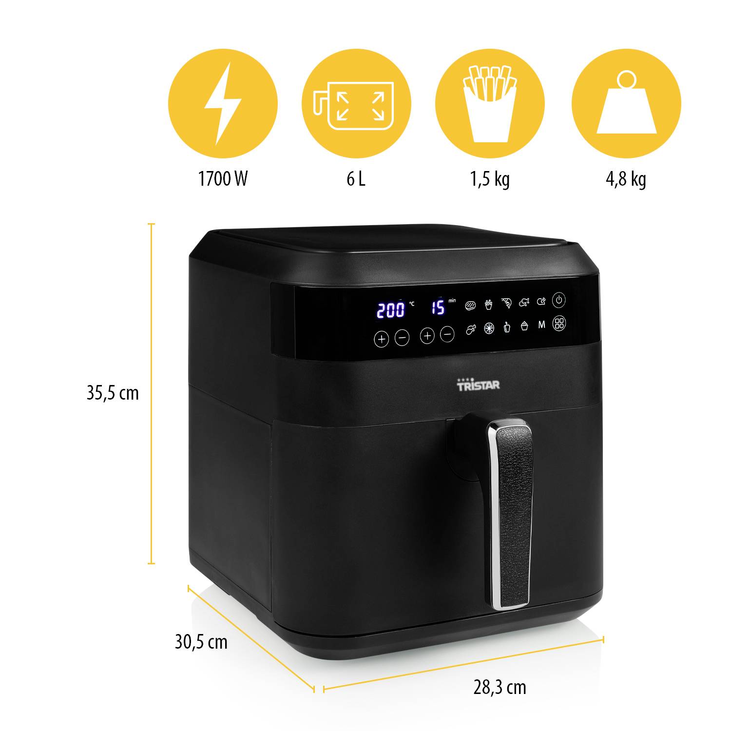 Tristar FR-6999 Heißluft-Fritteuse 6 l 1700 W mit Display, Timerfunktion, Überhitzungsschutz Schwar