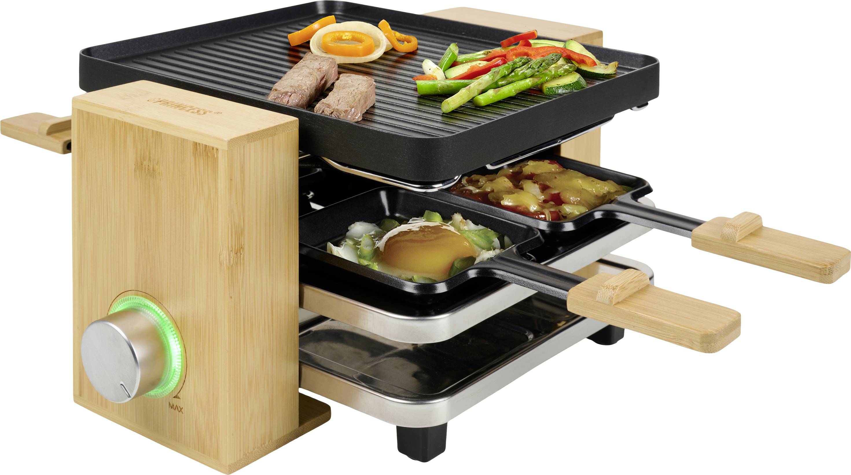 Princess Pure 4 Raclette 4 Pfännchen, Antihaftbeschichtung Schwarz, Bambus