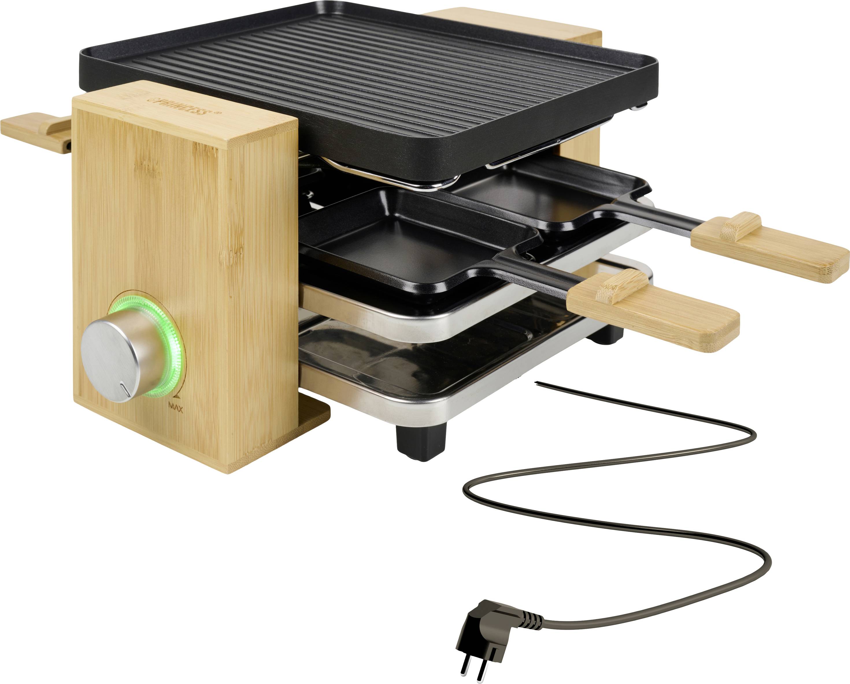 Princess Pure 4 Raclette 4Pfnnchen, Antihaftbeschichtung Schwarz, Bambus |   Freue dich auf voelkner