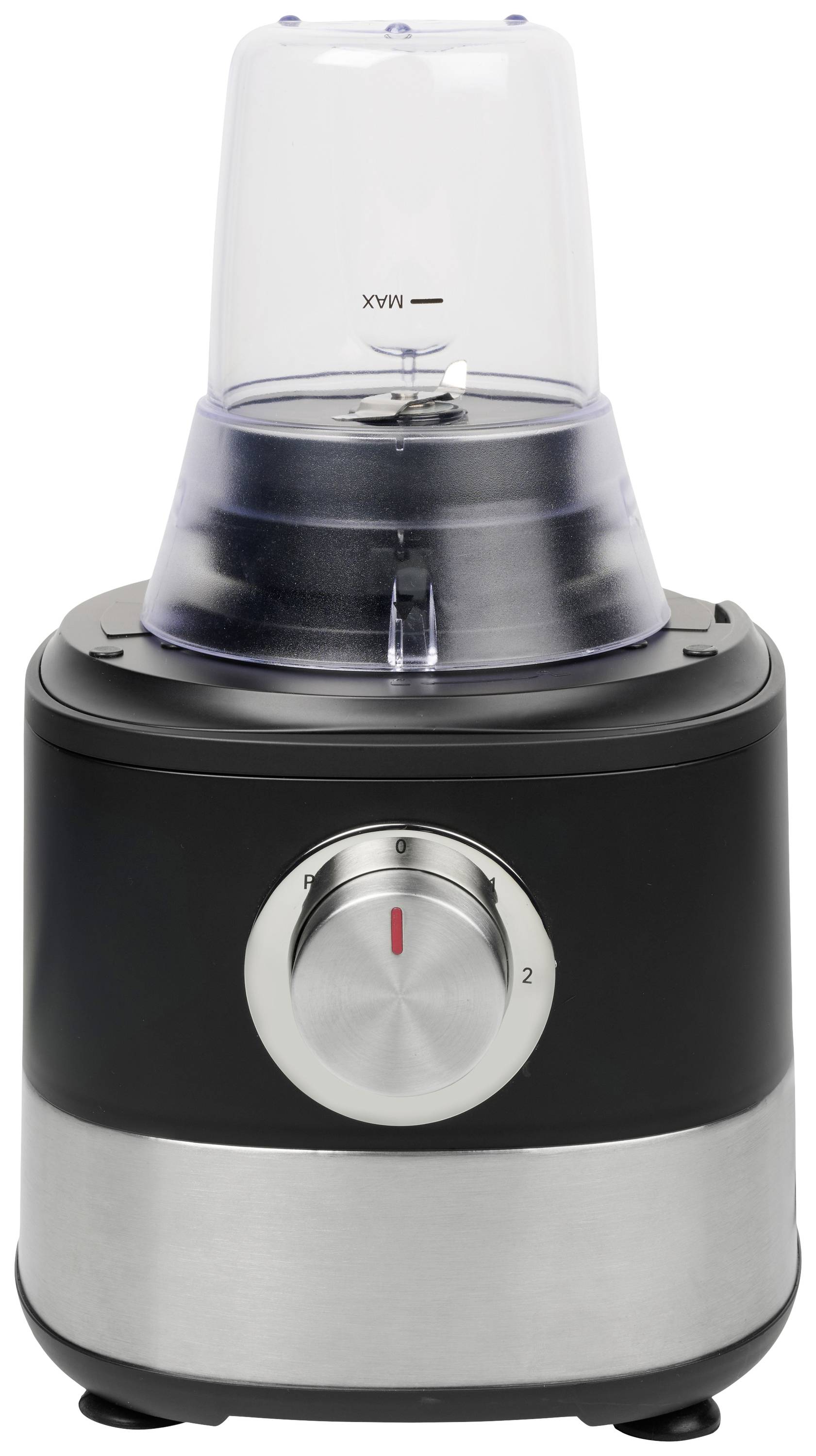 Schwarzer Mixer mit Metall-Drehknopf, einfache Bedienung, Kunststoffaufsatz oben. Ideal für Smoothies und Mixgetränke.