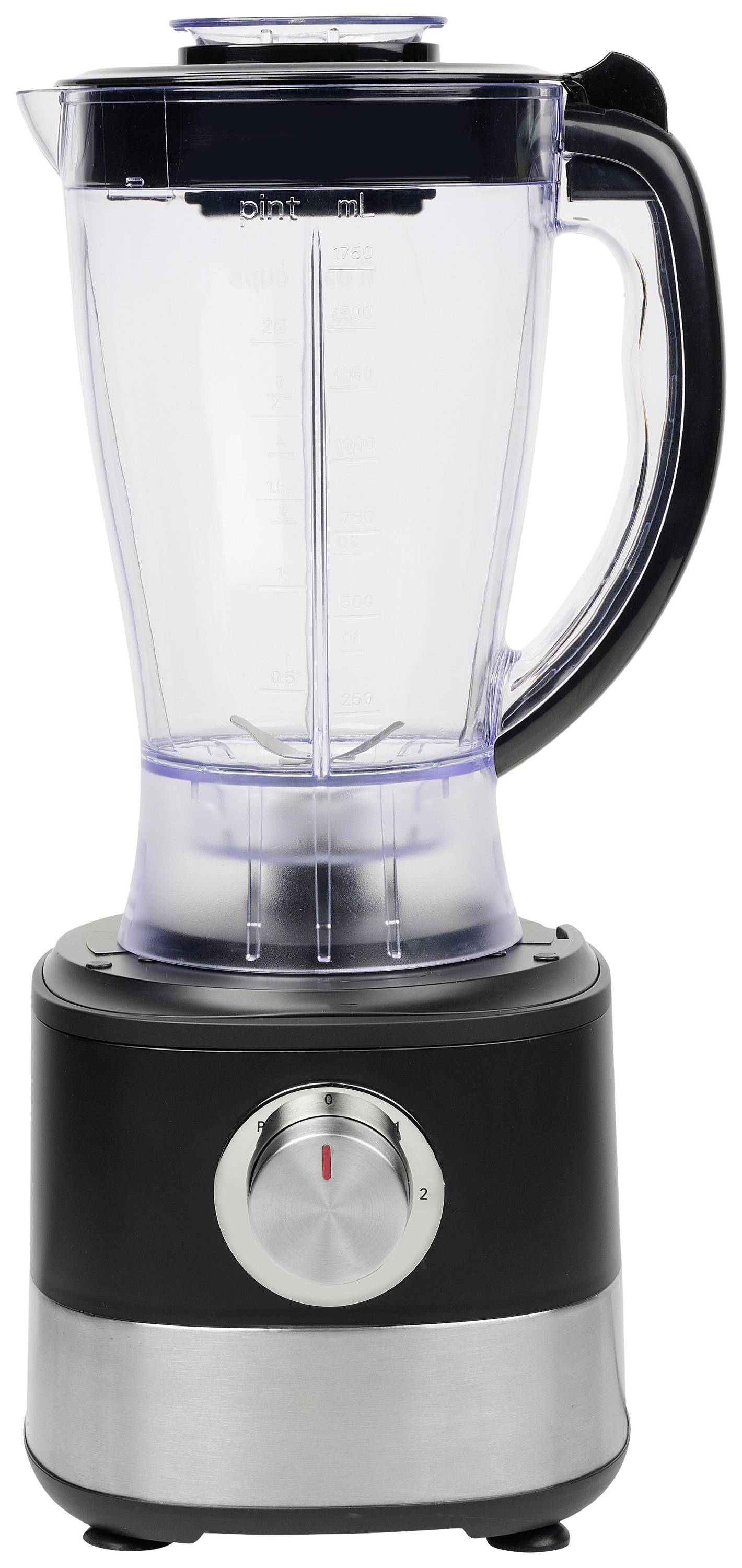 Schwarzer Standmixer mit transparenter Kanne und silbernem Drehknopf. Geeignet zum Mixen von Zutaten in der Küche.