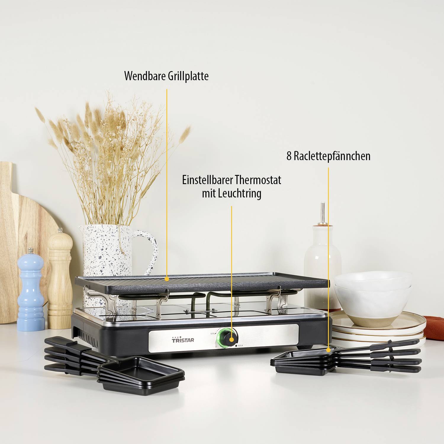 Tristar RA-2748 Raclette Antihaftbeschichtung, Kontrollleuchte, 6Pfännchen, BPA-frei Schwarz