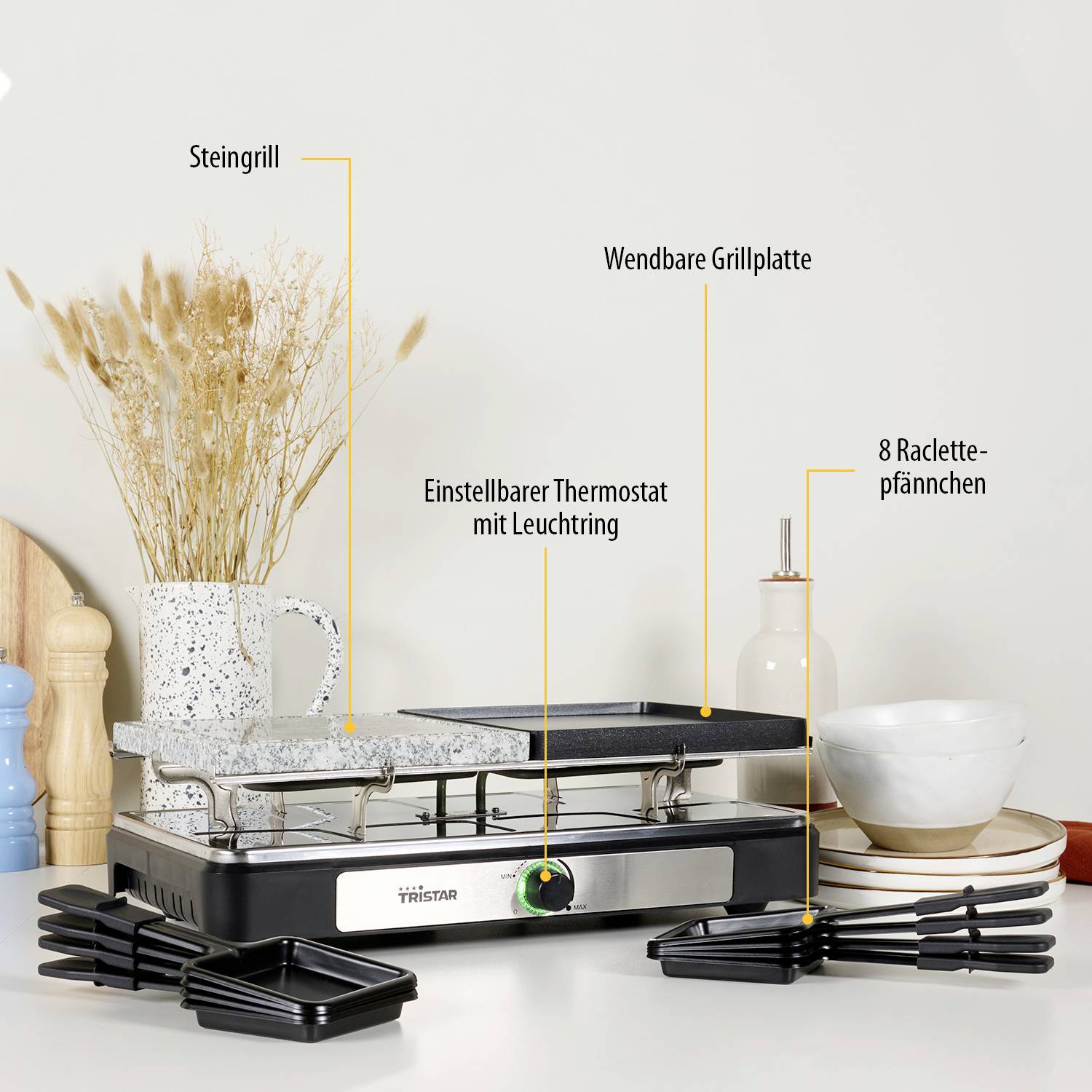 Tristar RA-2747 Raclette Antihaftbeschichtung, Kontrollleuchte, Grillfunktion Schwarz, Stein