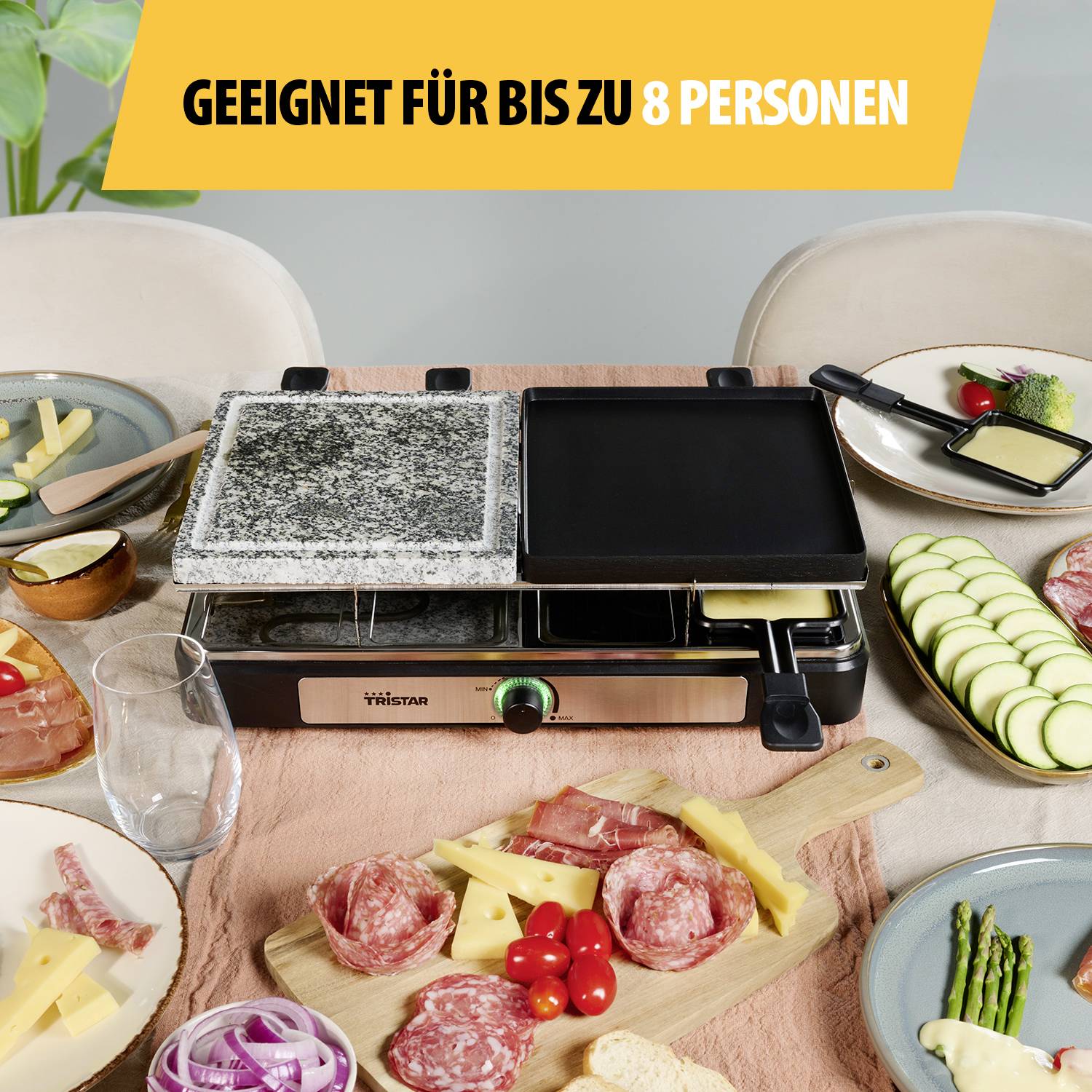 Tristar RA-2747 Raclette Antihaftbeschichtung, Kontrollleuchte, Grillfunktion Schwarz, Stein