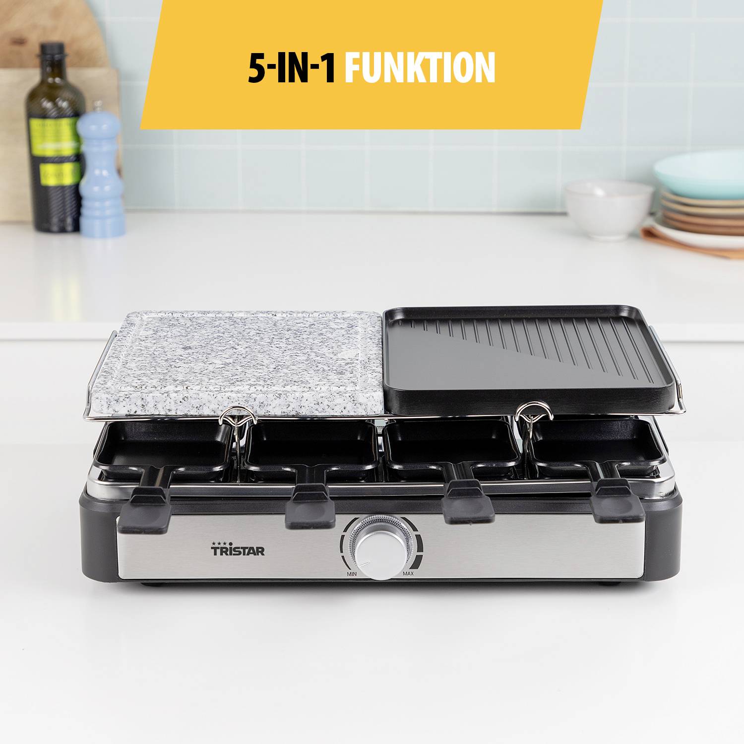 Tristar RA-2747 Raclette Antihaftbeschichtung, Kontrollleuchte, Grillfunktion Schwarz, Stein