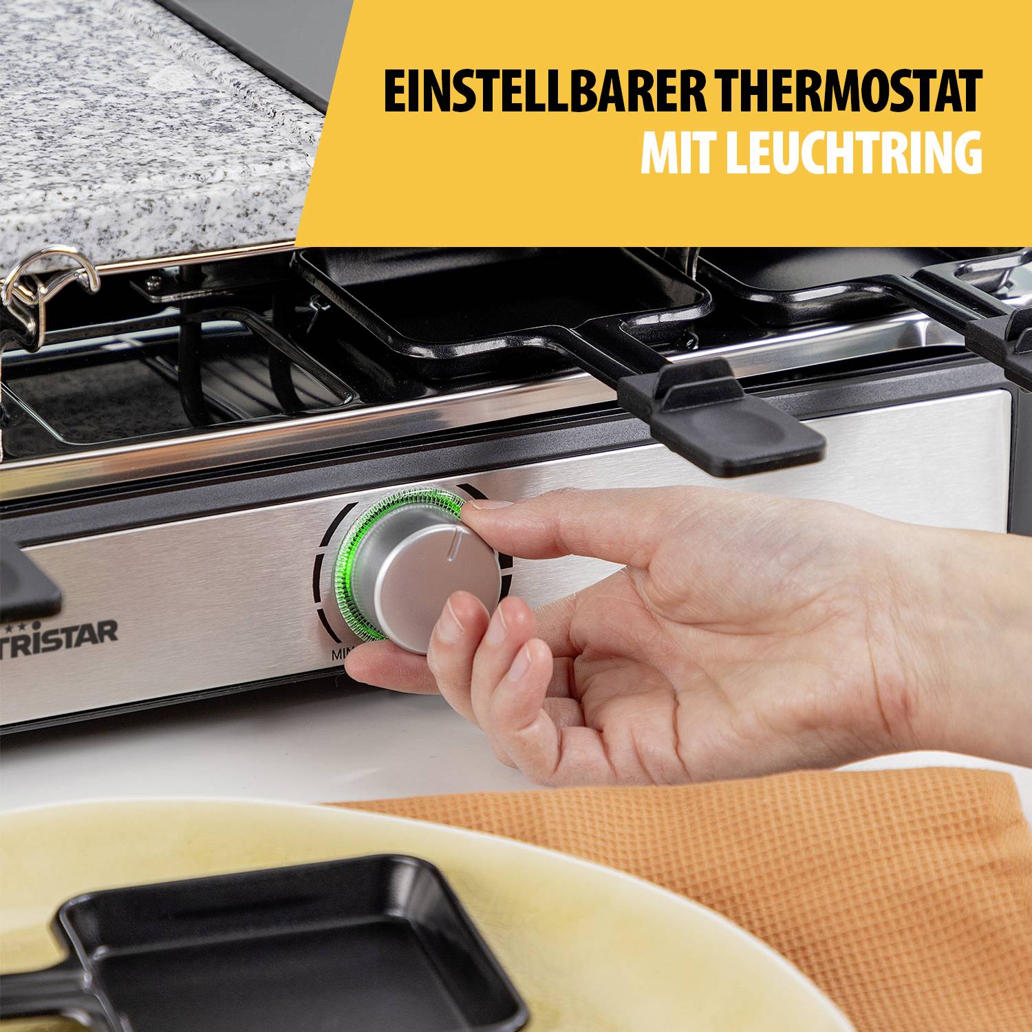 Tristar RA-2747 Raclette Antihaftbeschichtung, Kontrollleuchte, Grillfunktion Schwarz, Stein