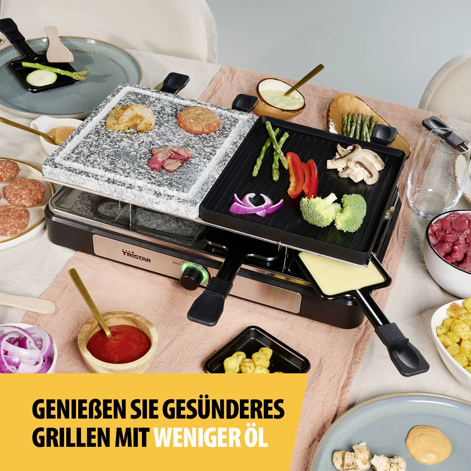 Tristar RA-2747 Raclette Antihaftbeschichtung, Kontrollleuchte, Grillfunktion Schwarz, Stein