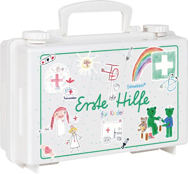 'Erste-Hilfe-Set für Kinder' mit bunten Zeichnungen von Regenbogen, Teddybären und roten Kreuzen auf der Vorderseite.
