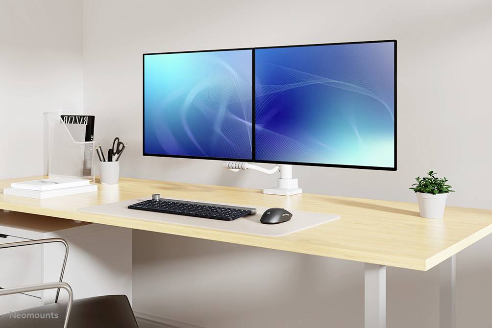 Ein moderner Schreibtisch mit zwei nebeneinander platzierten Monitoren, einer Tastatur und Maus, sowie einer Pflanze als Dekoration.