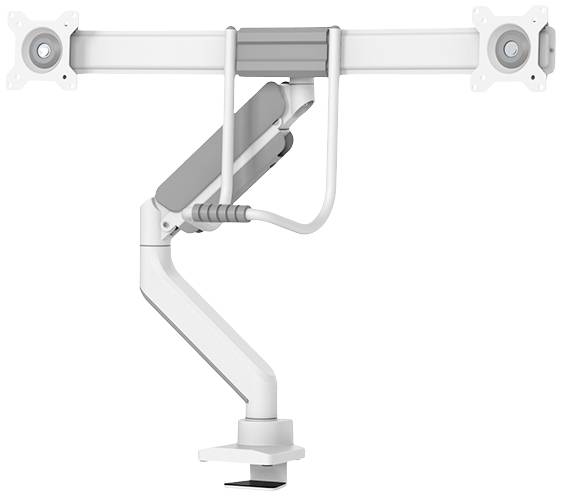 Ein weißer Doppelmonitorhalter mit verstellbarem Arm und Kabelmanagement. Zum Befestigen von zwei Monitoren am Schreibtisch.