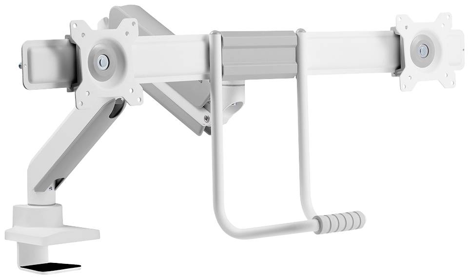 Weißer, verstellbarer Monitorarm mit zwei Halterungen und kippbarem Hebelmechanismus zur Befestigung an Schreibtischen.