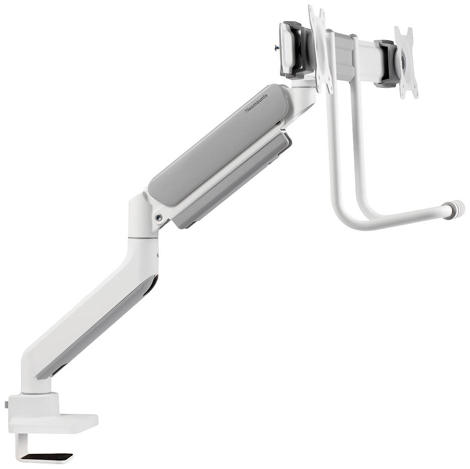 Ein verstellbarer weißer Monitorarm mit zwei Befestigungspunkten zur Wand- oder Tischmontage. Geeignet für zwei Monitore.