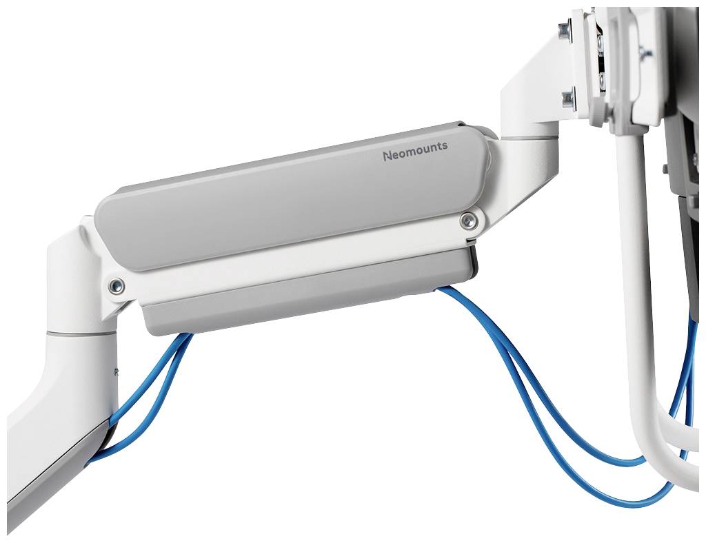 Ein weißer und grauer Monitorarm mit blauen Kabeln, markiert mit 'Neomounts'. Geeignet zur Befestigung von Bildschirmen an Wänden.