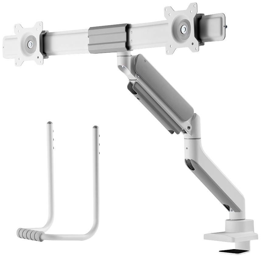 Einstellbarer Monitorarm mit zwei Halterungen, flexibel für ergonomisches Arbeiten. Enthält Befestigungskomponenten.