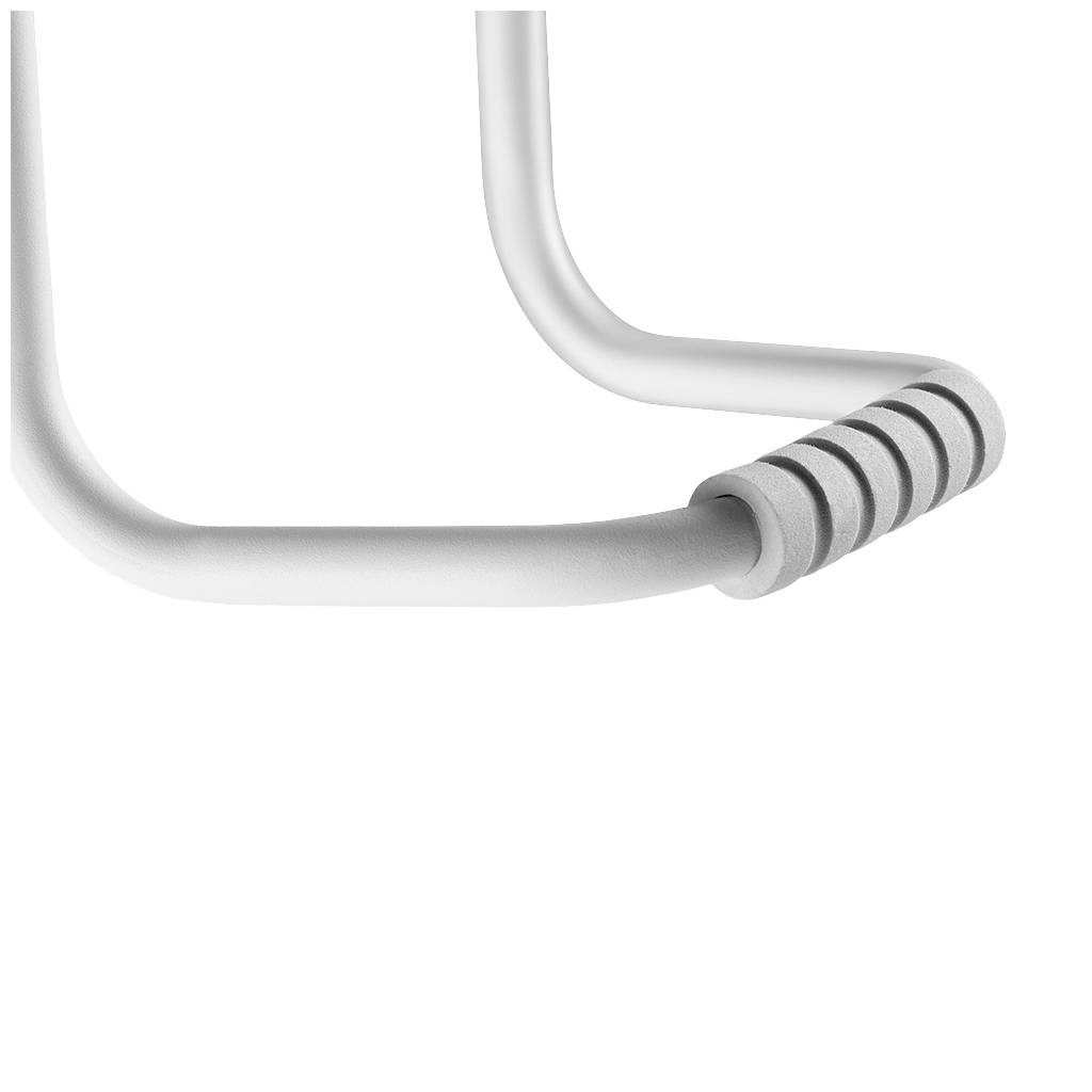 Ein weißer, gebogener Metallgriff mit gerilltem grauen Griffabschnitt, der für Stabilität oder als Handlauf verwendet wird.