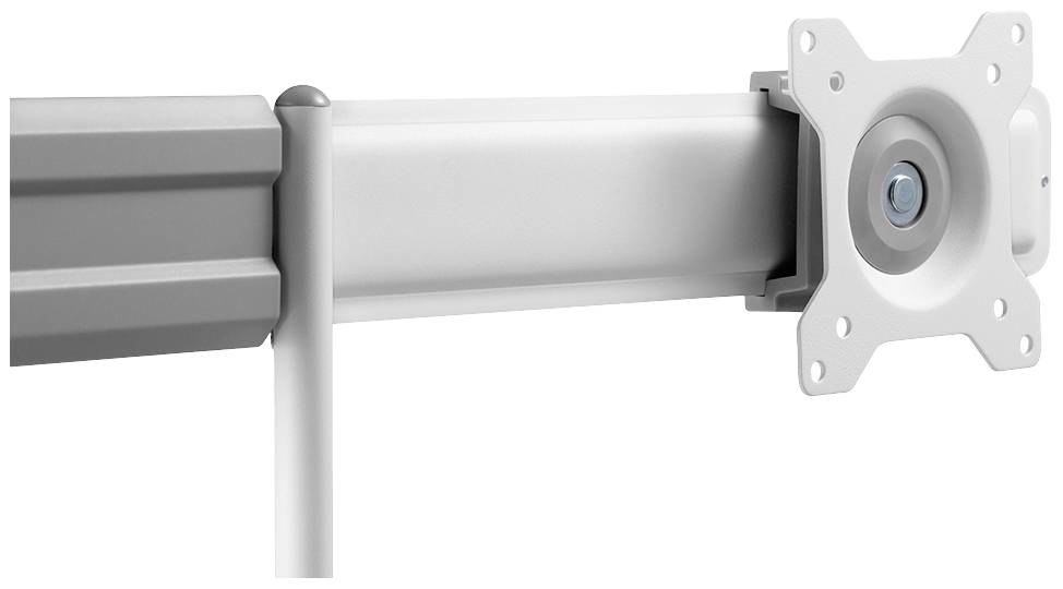 Monitorhalterung mit Schwenkarm, passend für verschiedene Bildschirmgrößen, in weißem Design.