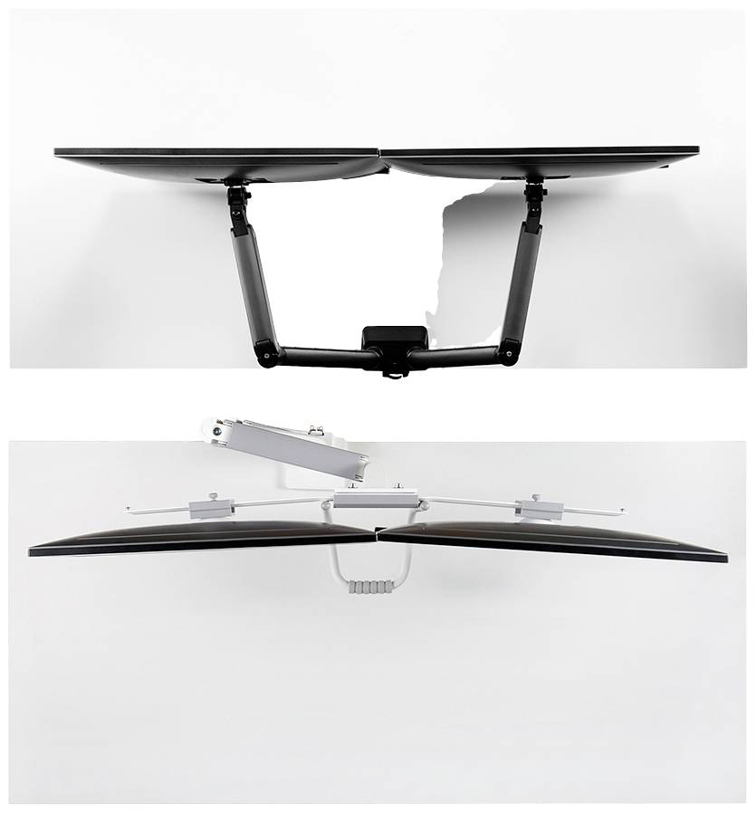 Zwei Monitore auf einem Gelenkarm, von vorn und seitlich gezeigt. Der Arm ermöglicht Höhenverstellung und Neigung der Bildschirme.